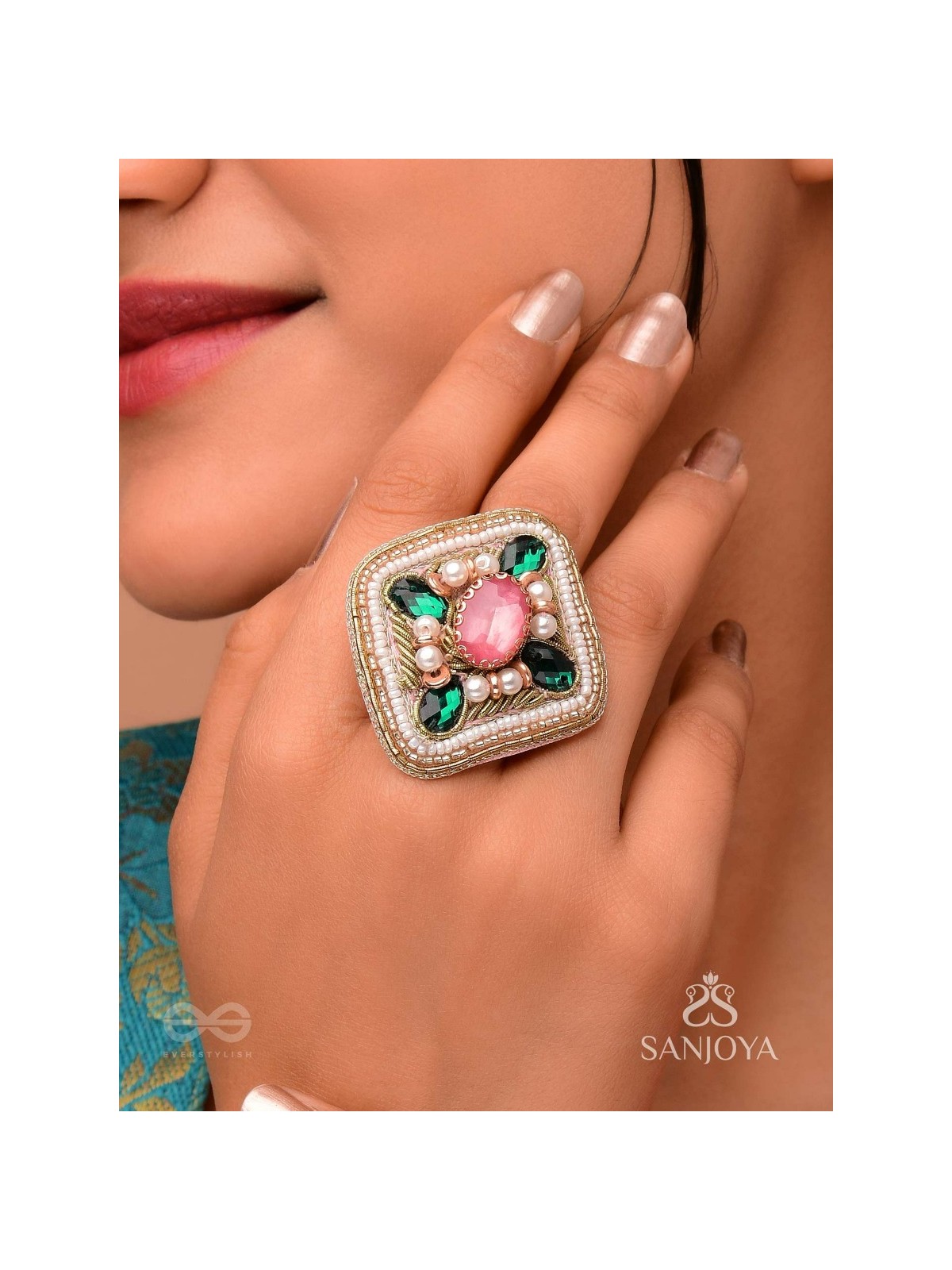 Naimisa - Blooms In Forest - Stones, Beads And Dabka Hand Embroidered Ring (Adjustable)