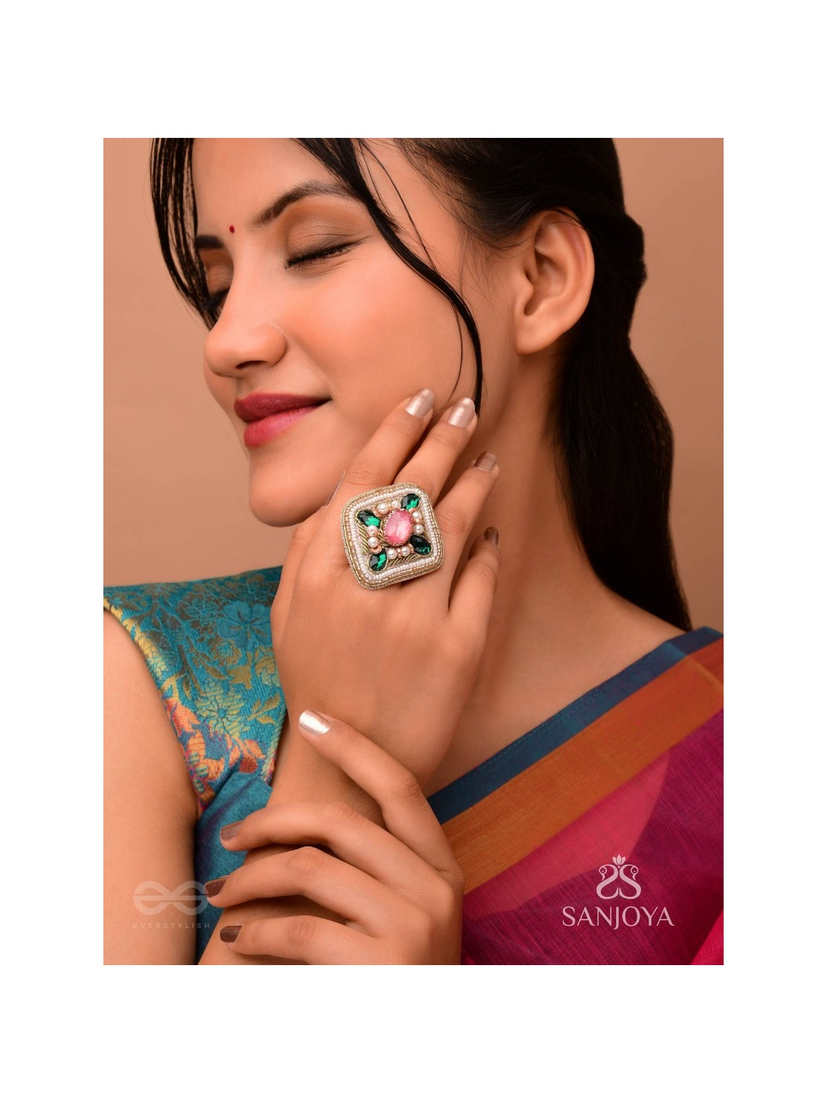 Naimisa - Blooms In Forest - Stones, Beads And Dabka Hand Embroidered Ring (Adjustable)