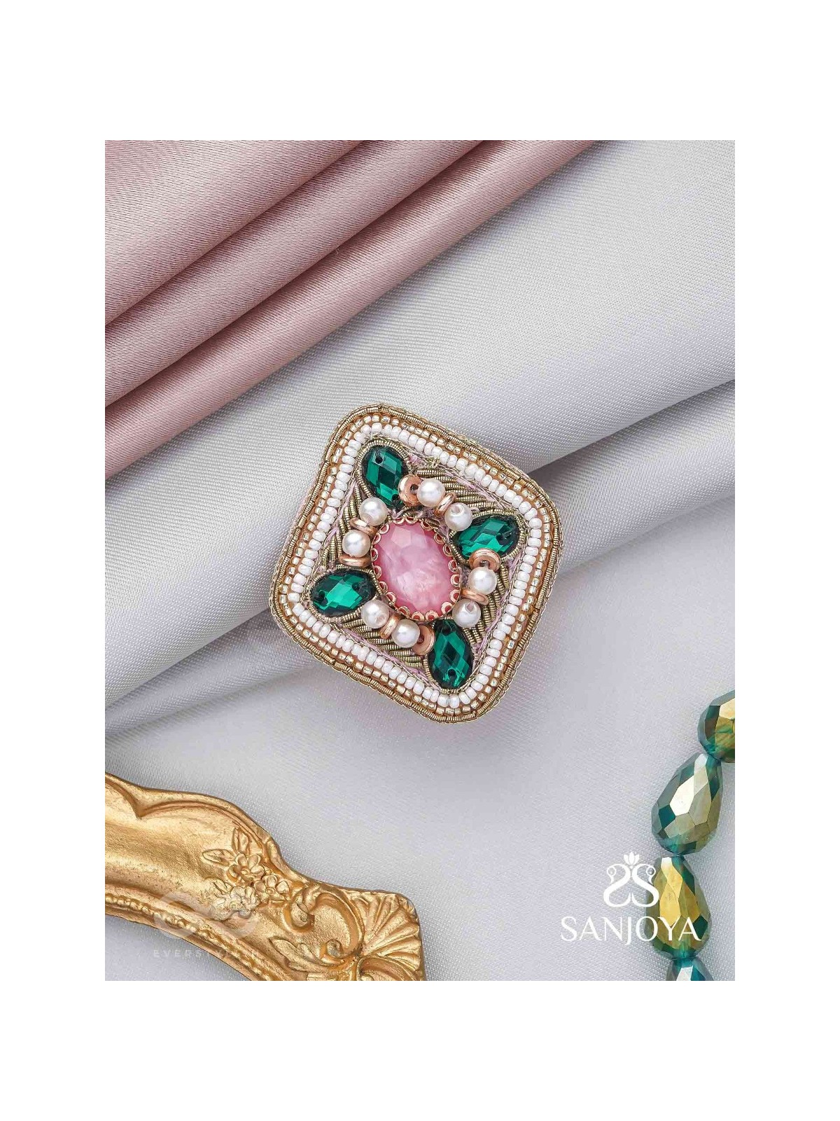 Naimisa - Blooms In Forest - Stones, Beads And Dabka Hand Embroidered Ring (Adjustable)