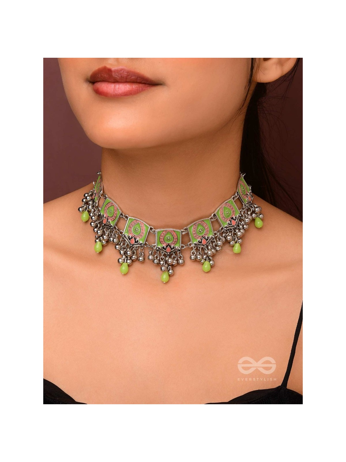 The Olive Chimes - Enamelled Oxidised Choker Neckpiece