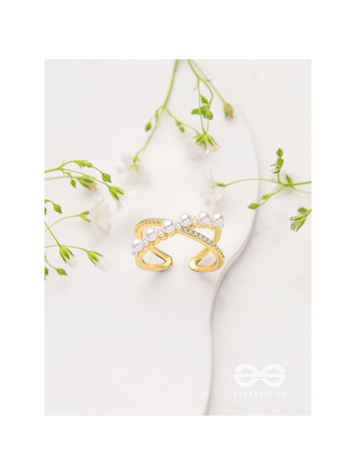 Crisscrossed Pearls - Golden Embellished Ring 