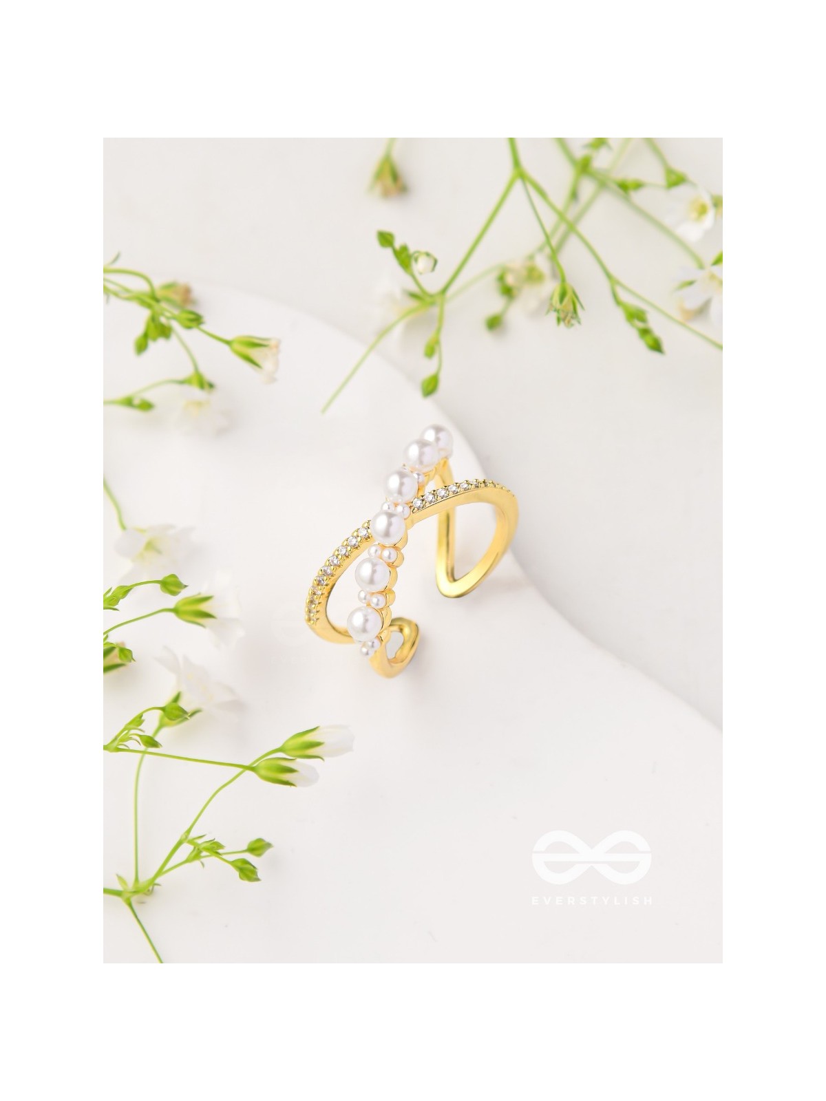 Crisscrossed Pearls - Golden Embellished Ring 