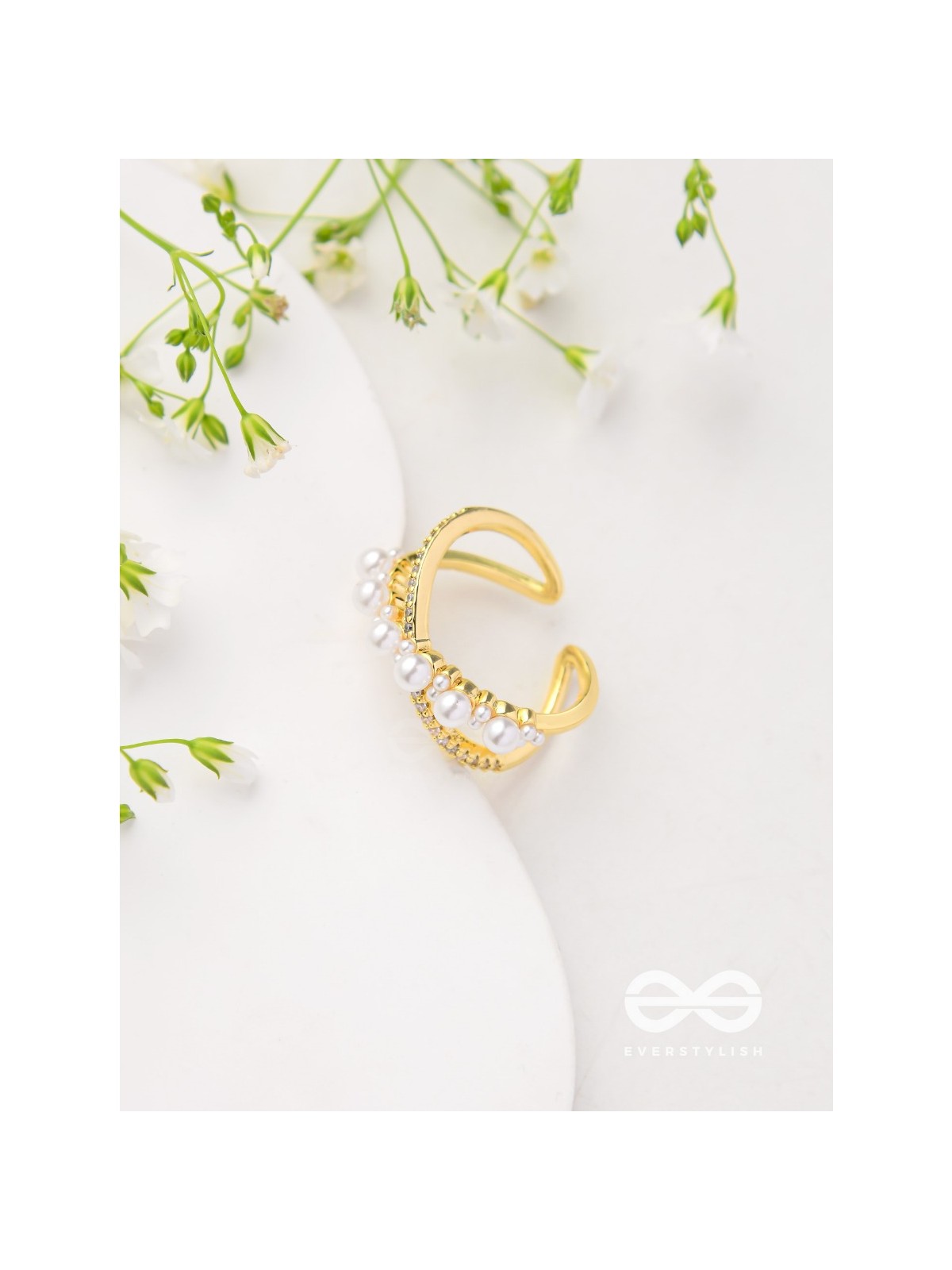 Crisscrossed Pearls - Golden Embellished Ring 