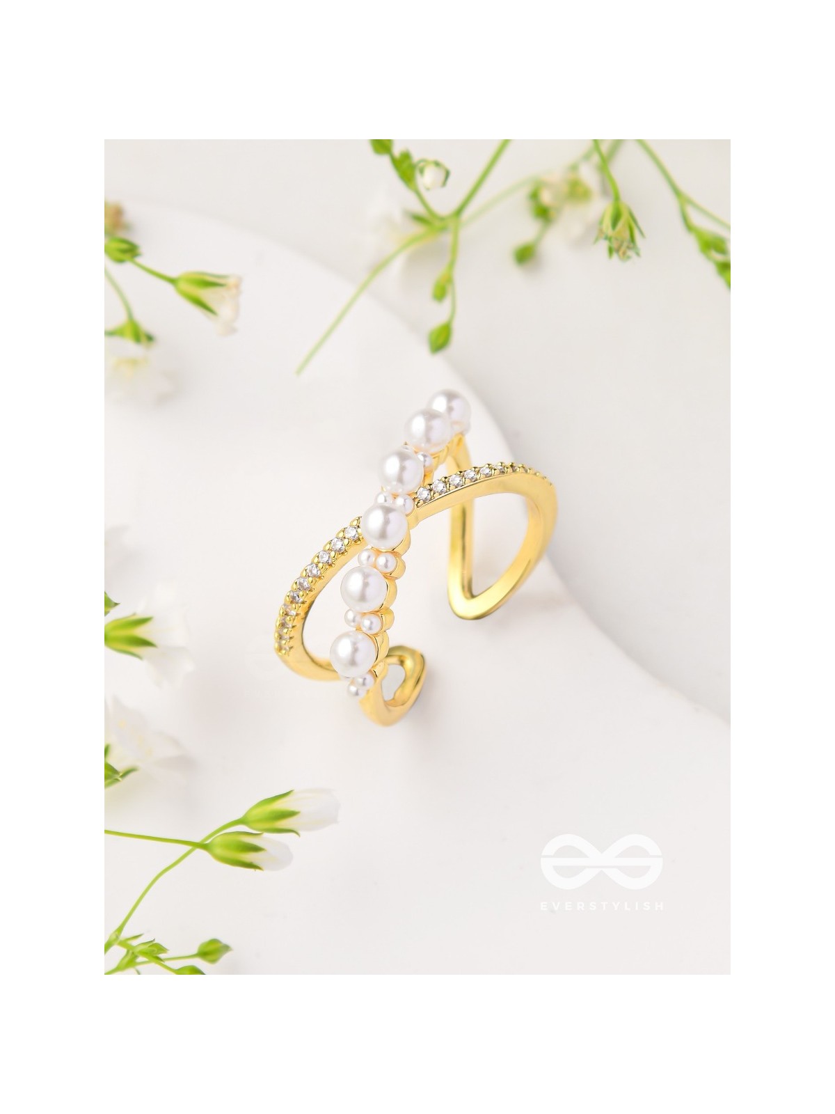 Crisscrossed Pearls - Golden Embellished Ring 