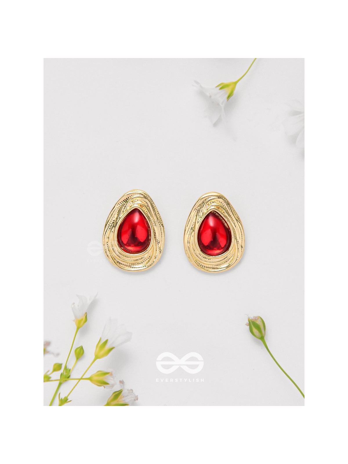 Cherry Drop - Golden And Red Stud Earrings