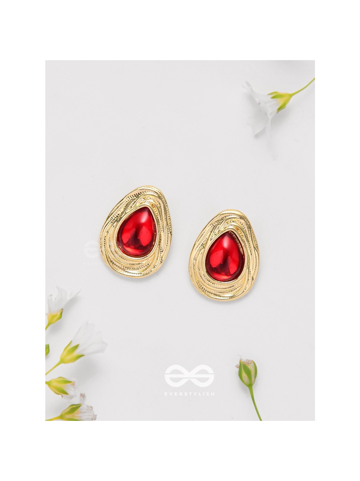 Cherry Drop - Golden And Red Stud Earrings
