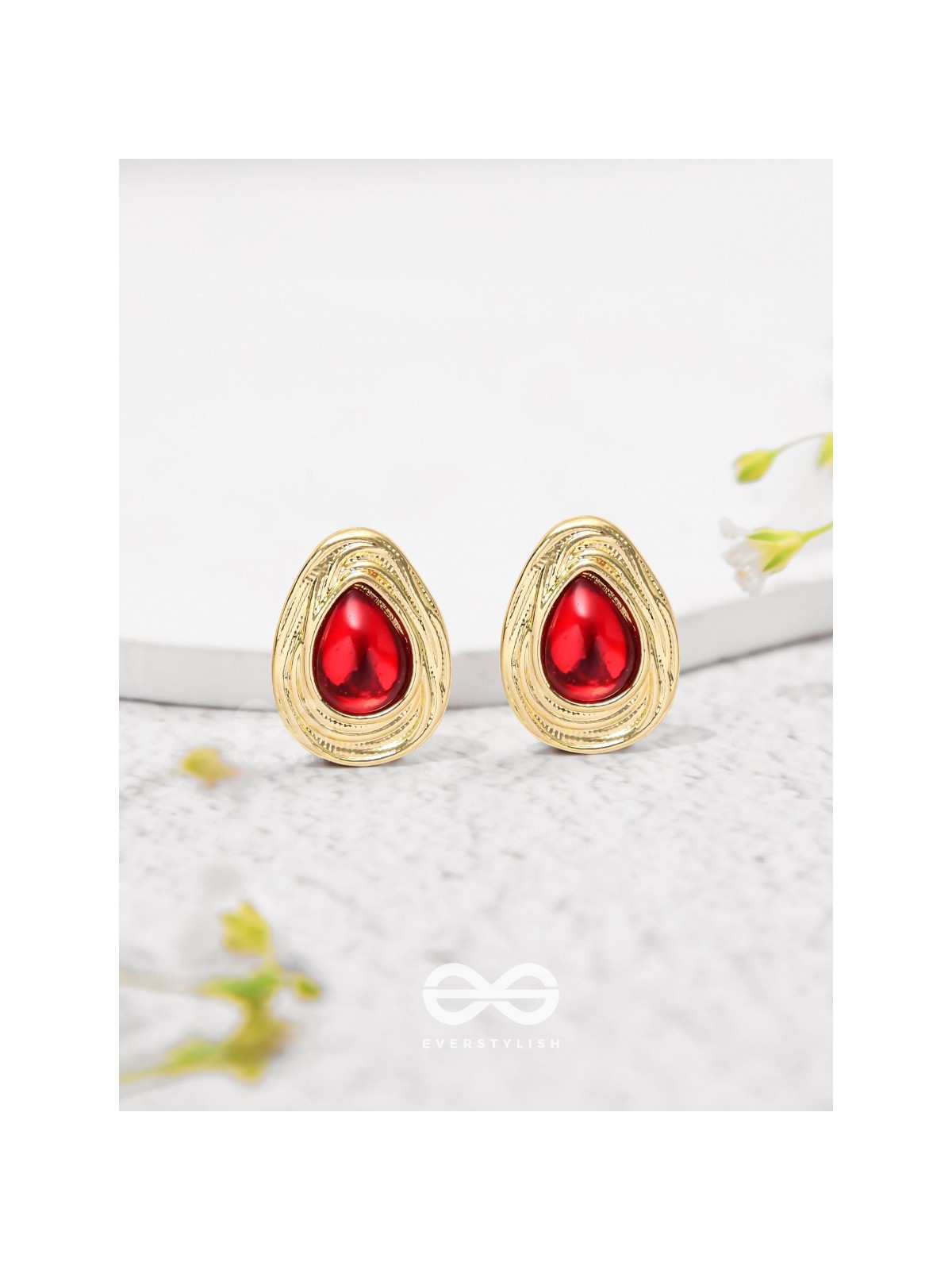 Cherry Drop - Golden And Red Stud Earrings
