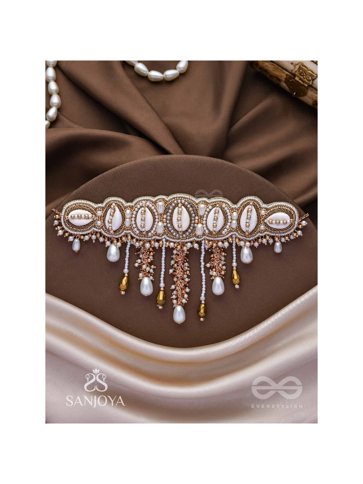 Abdhimanduki - The Pearl Lagoon- Shells, Beads, Pearl And Glass Drops Hand Embroidered Neckpiece