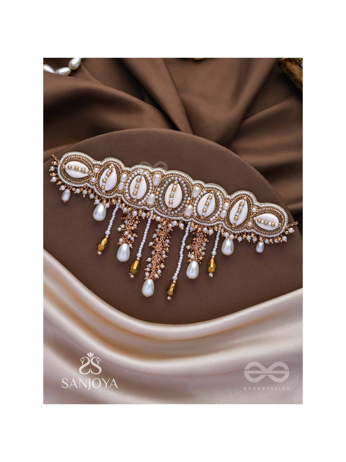 Abdhimanduki - The Pearl Lagoon- Shells, Beads, Pearl And Glass Drops Hand Embroidered Neckpiece