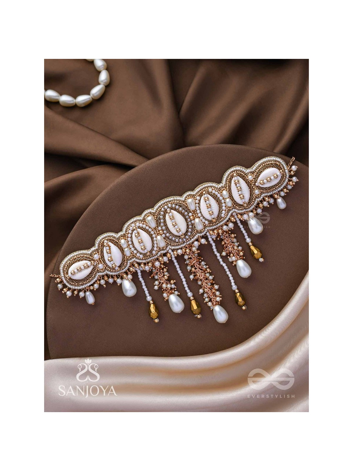 Abdhimanduki - The Pearl Lagoon- Shells, Beads, Pearl And Glass Drops Hand Embroidered Neckpiece