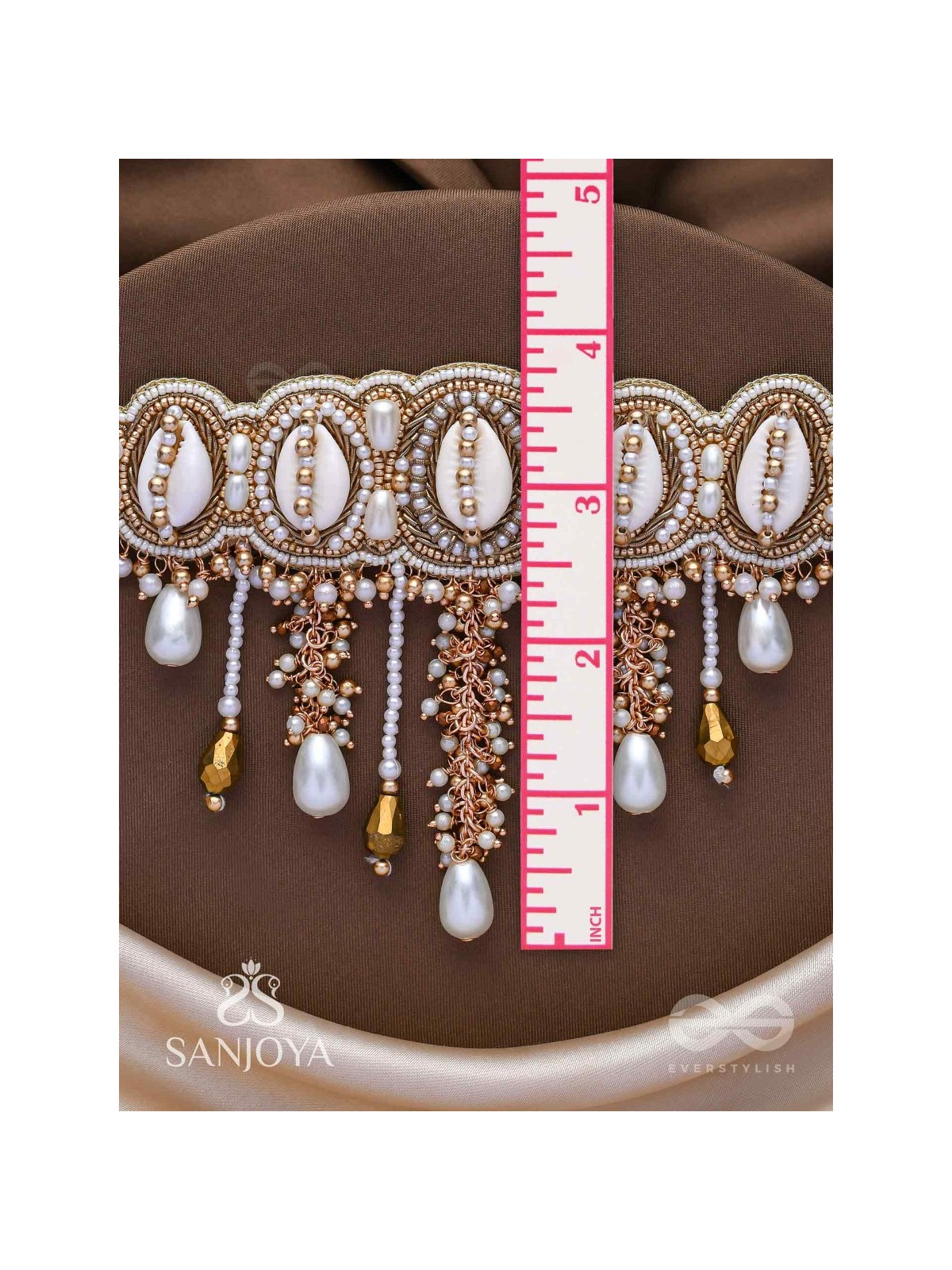 Abdhimanduki - The Pearl Lagoon- Shells, Beads, Pearl And Glass Drops Hand Embroidered Neckpiece