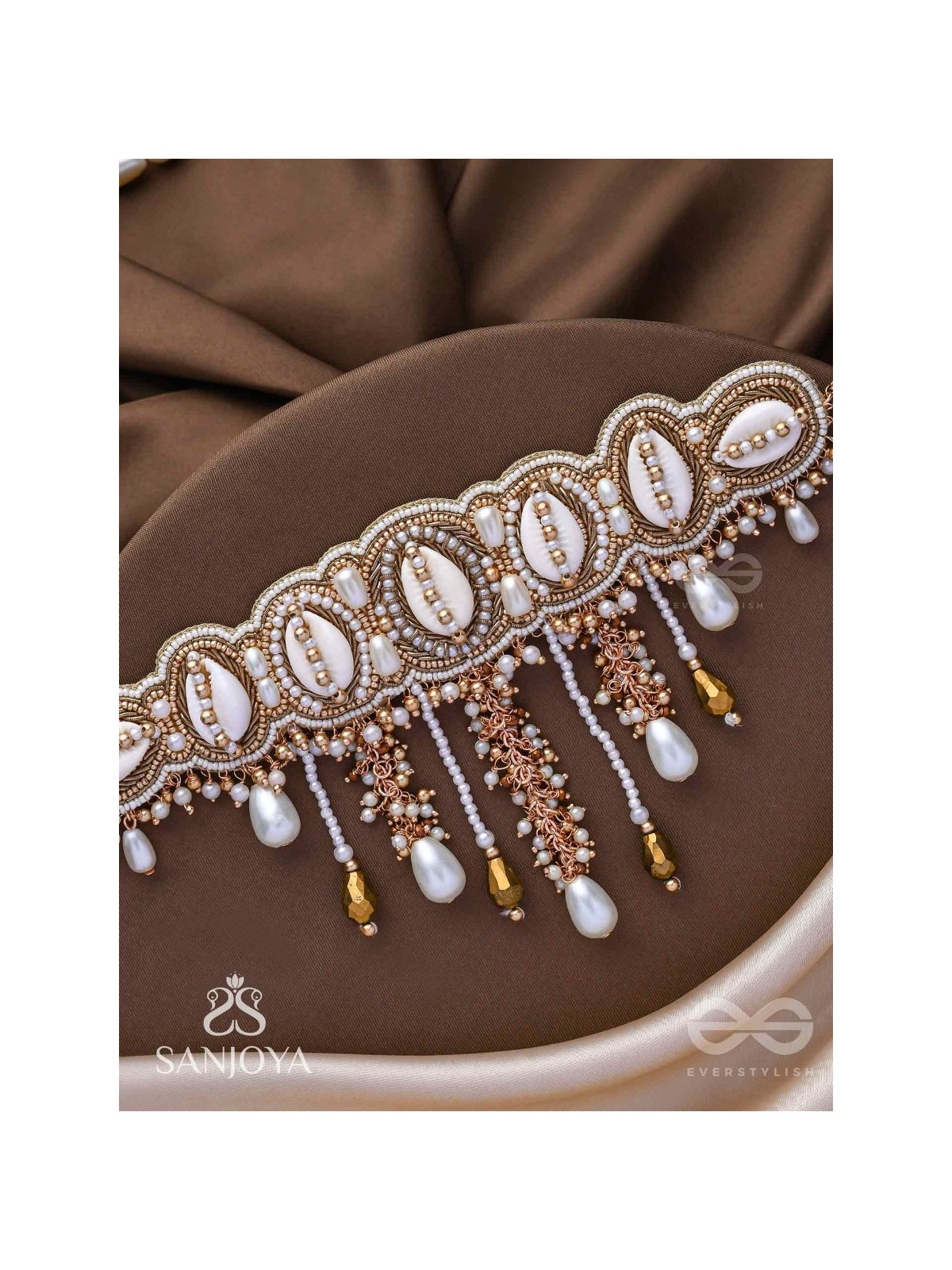 Abdhimanduki - The Pearl Lagoon- Shells, Beads, Pearl And Glass Drops Hand Embroidered Neckpiece