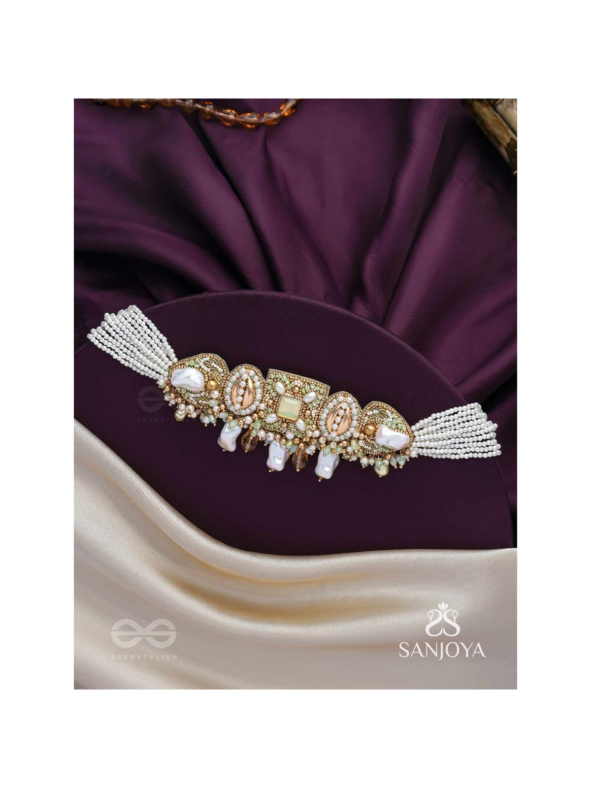 Himahati- The First Snow- Shells, Beads And Glass Drops Hand Embroidered Choker Neckpiece