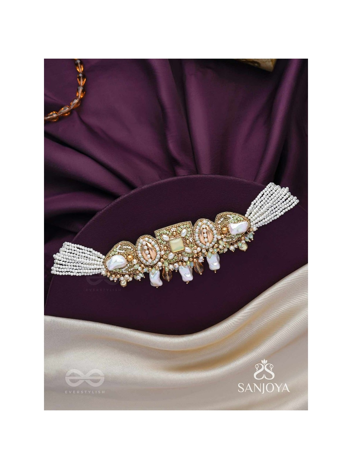 Himahati- The First Snow- Shells, Beads And Glass Drops Hand Embroidered Choker Neckpiece