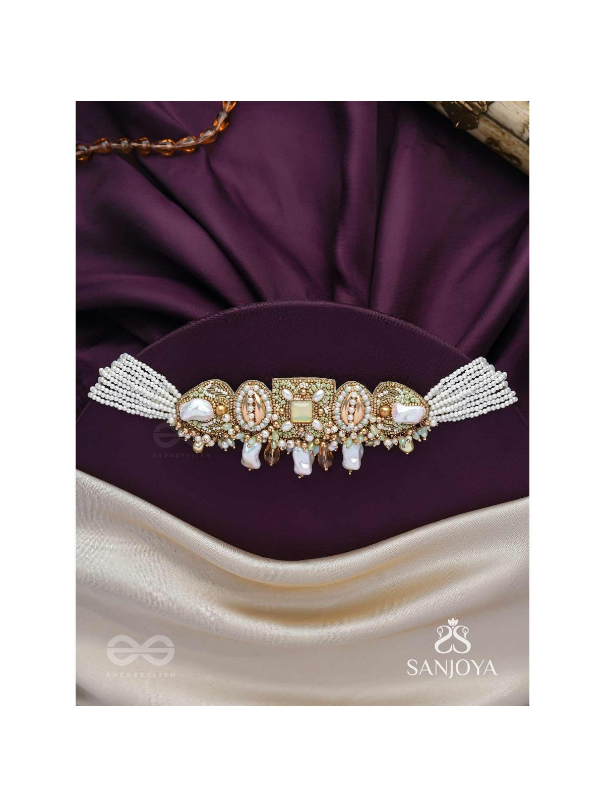 Himahati- The First Snow- Shells, Beads And Glass Drops Hand Embroidered Choker Neckpiece