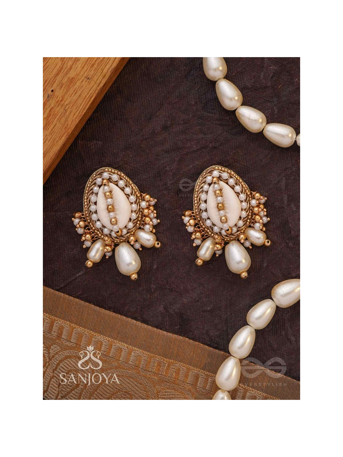 Dinara - The Shell Shoreline - Beads, Shells And Pearl Drops Hand Embroidered Earrings