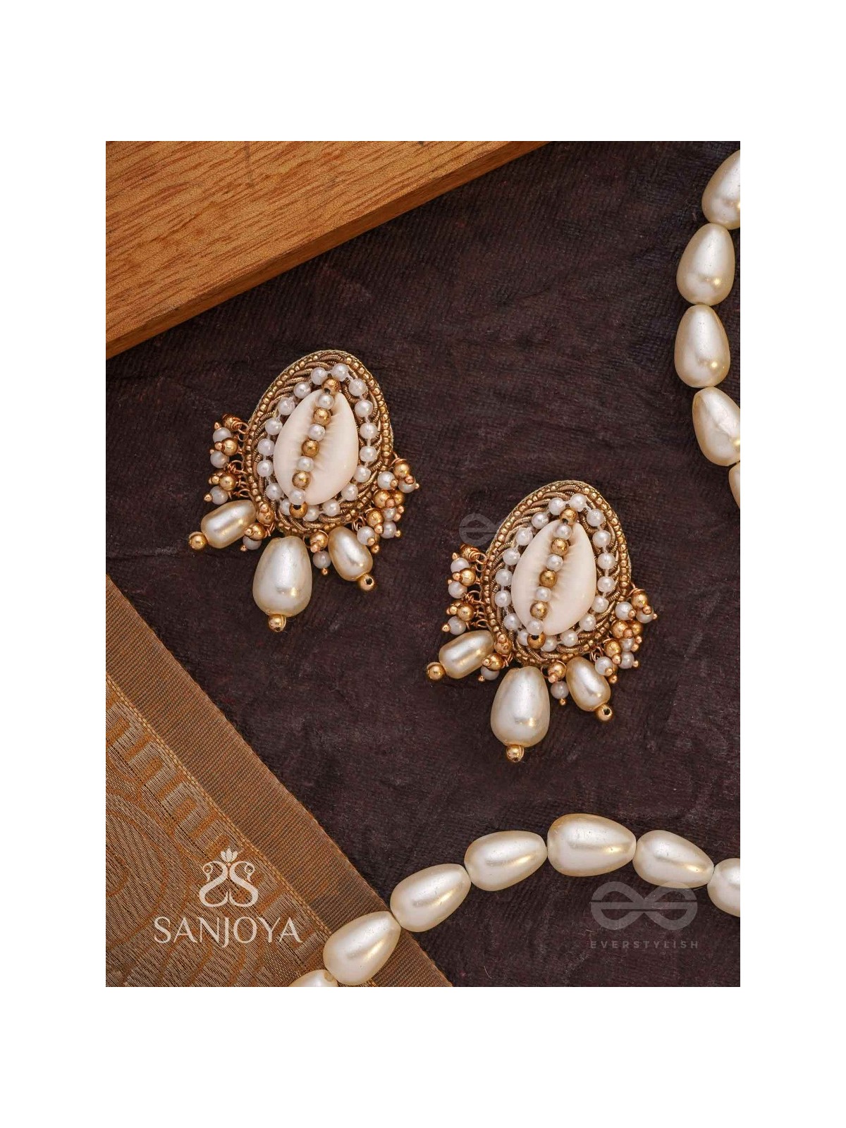 Dinara - The Shell Shoreline - Beads, Shells And Pearl Drops Hand Embroidered Earrings