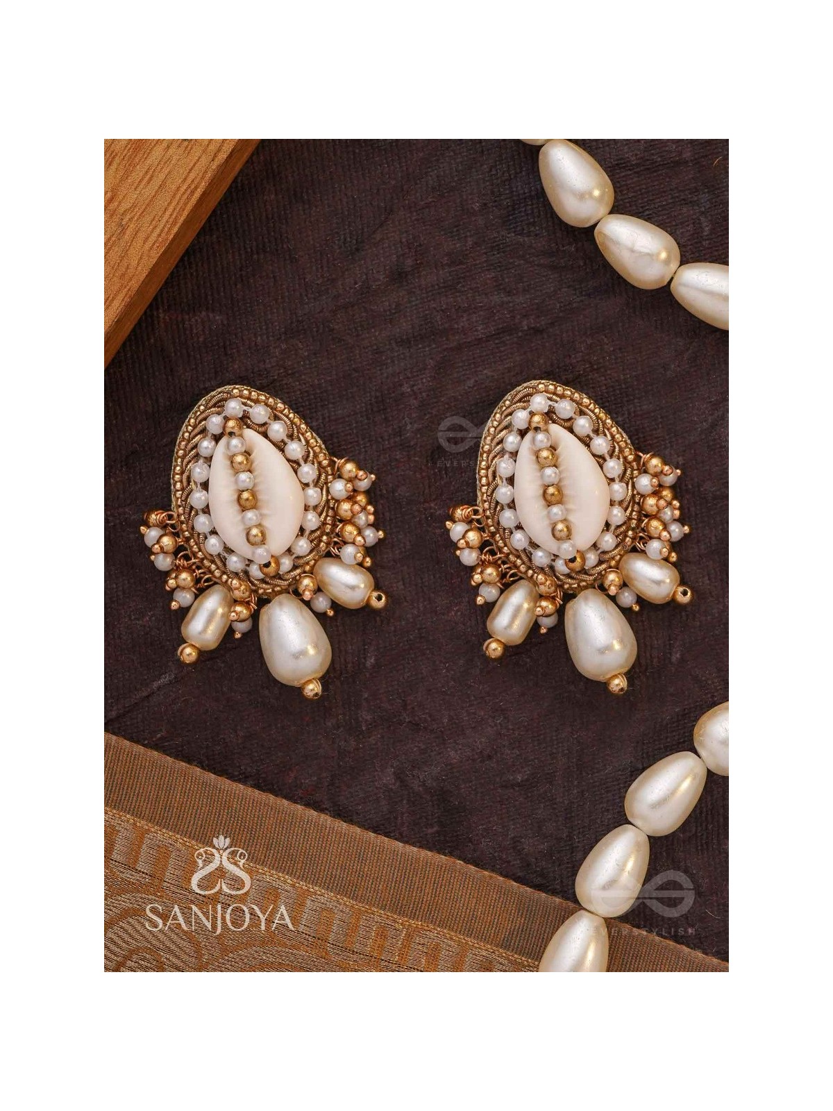 Dinara - The Shell Shoreline - Beads, Shells And Pearl Drops Hand Embroidered Earrings