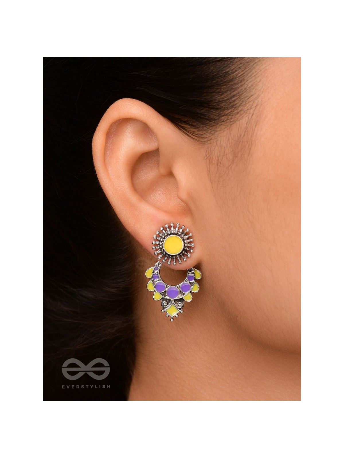 The Twilight Bloom - Statement Enamelled Oxidised Ear Jackets