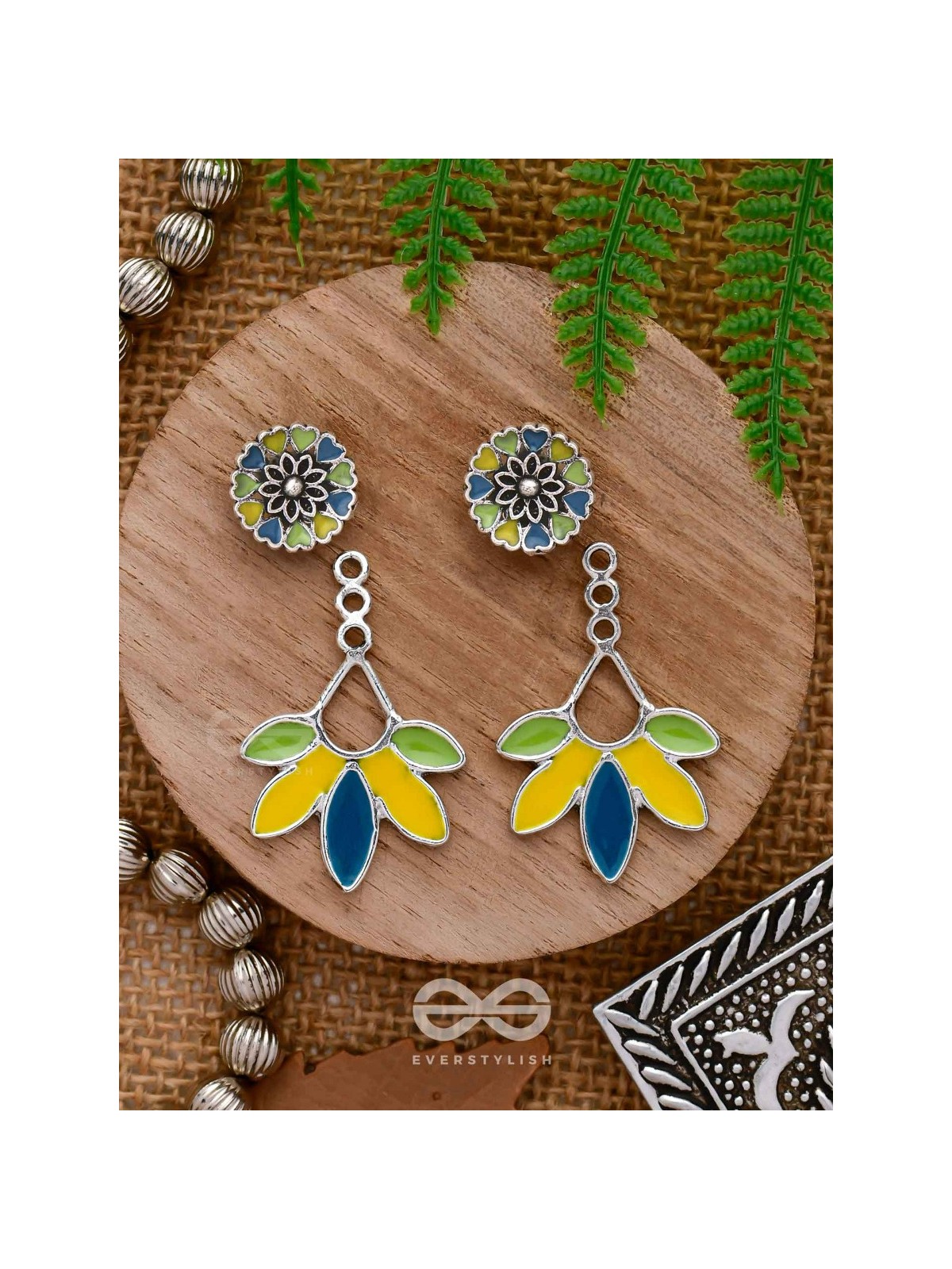 Sunlit Meadows - Statement Enamelled Oxidised Ear Jackets