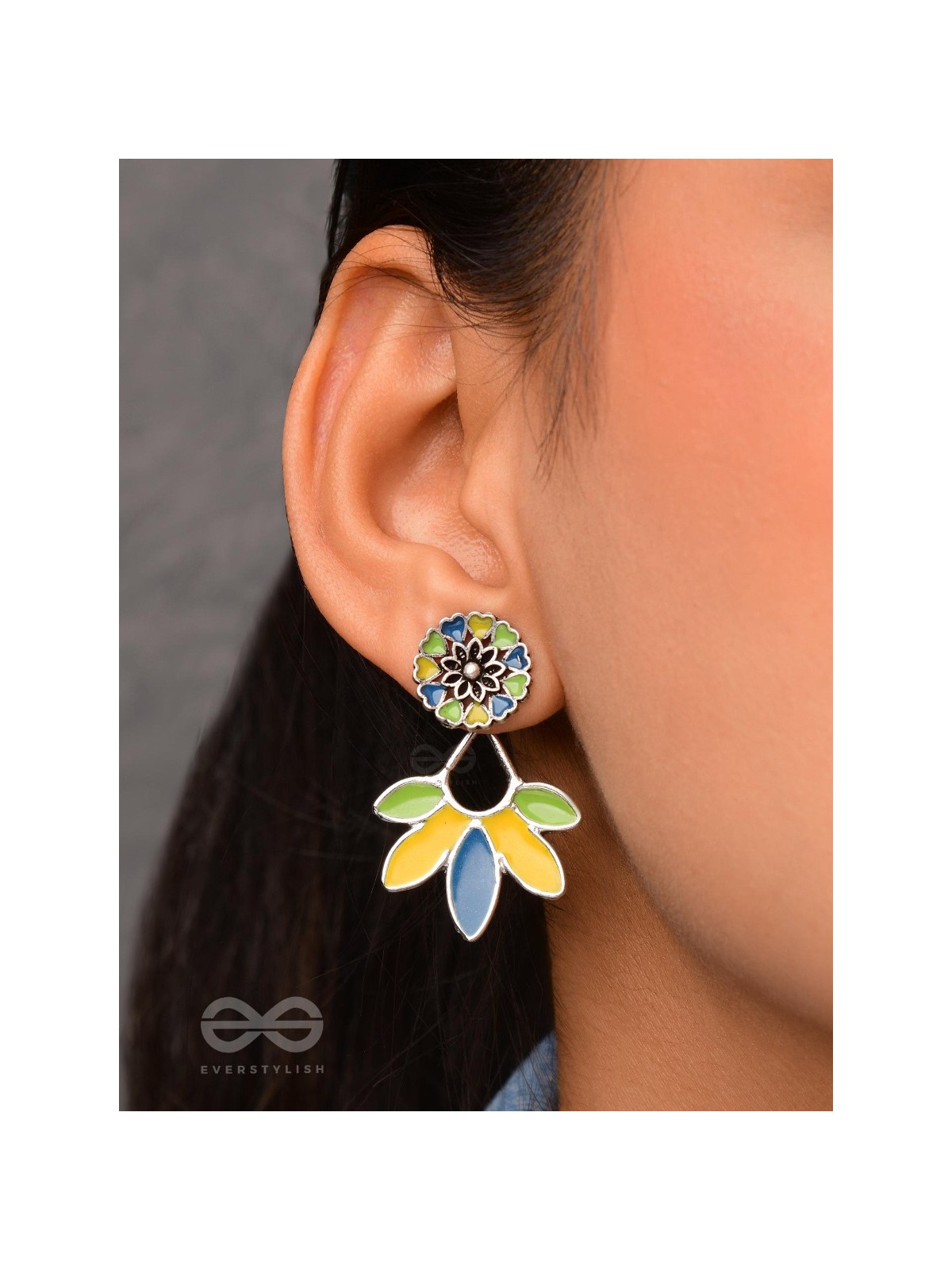 Sunlit Meadows - Statement Enamelled Oxidised Ear Jackets