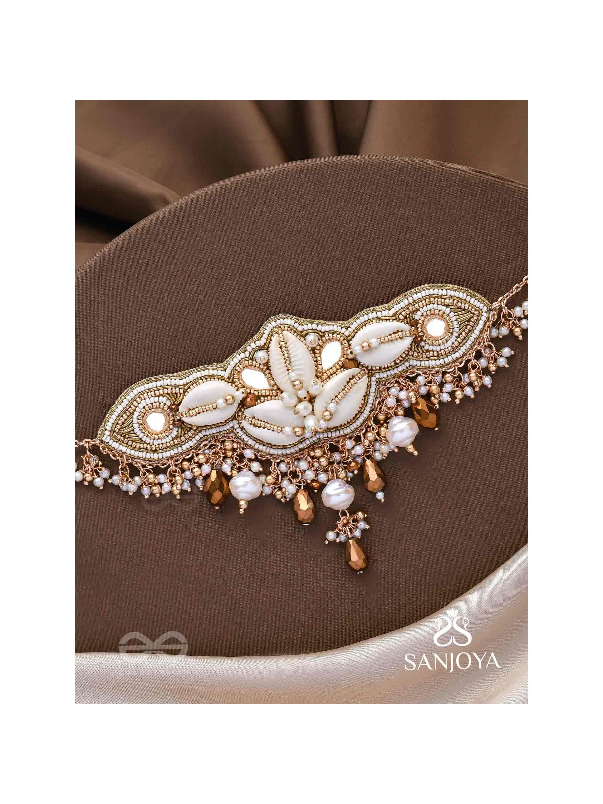 Parikul- The Shore Landscape- Shells, Beads And Glass Drops Hand Embroidered Choker Neckpiece