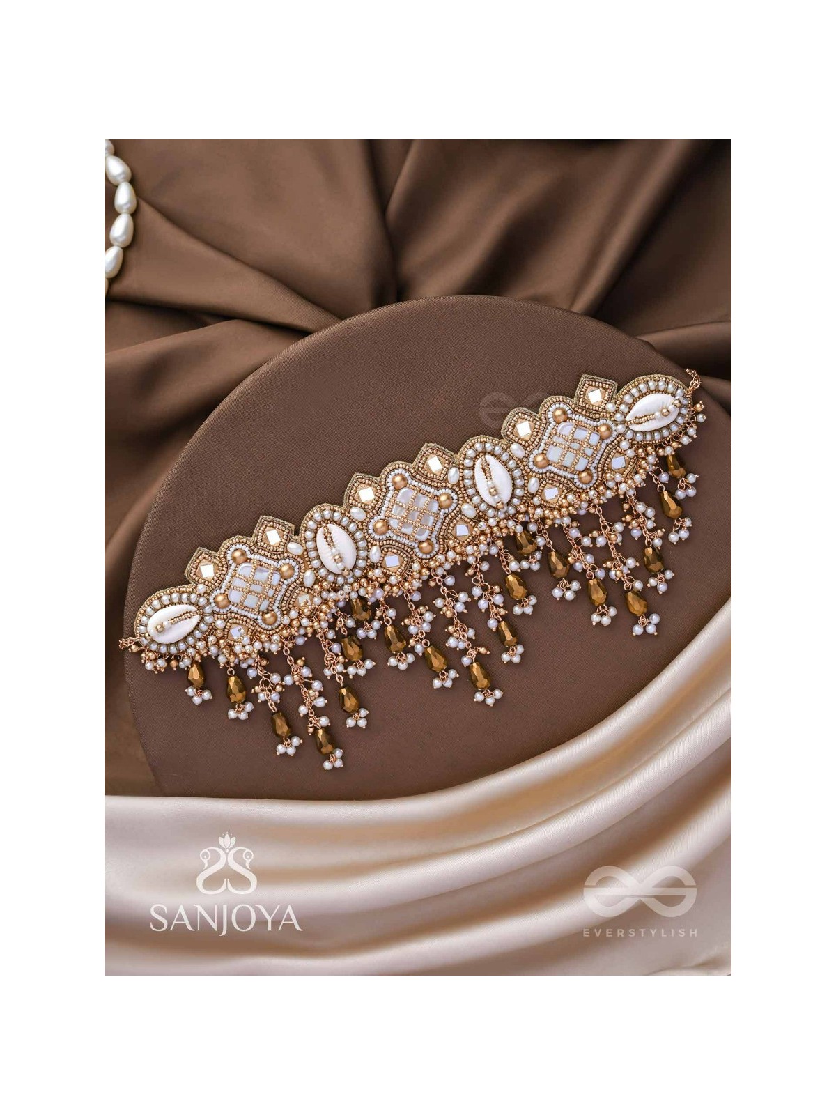 Bhadrashochi- The Shimmering Shower- Shells, Beads, Mirror And Glass Drops Hand Embroidered Choker Neckpiece