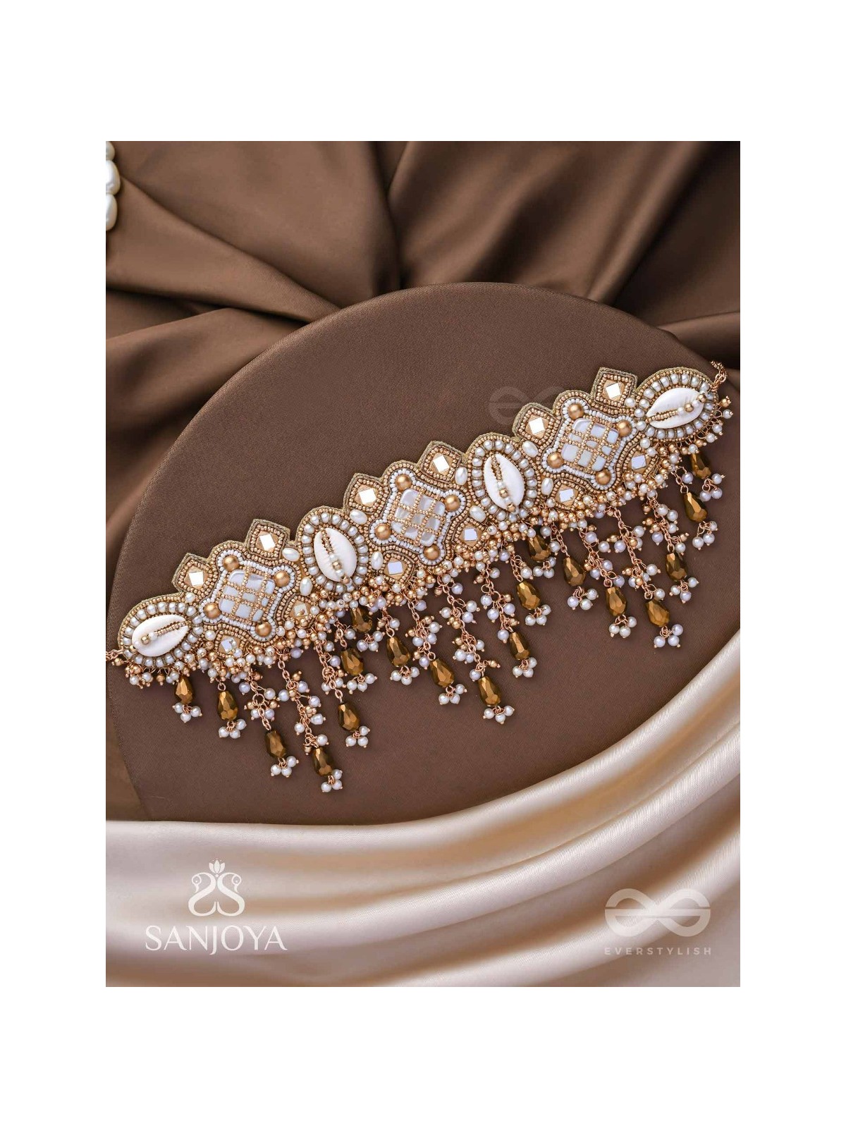 Bhadrashochi- The Shimmering Shower- Shells, Beads, Mirror And Glass Drops Hand Embroidered Choker Neckpiece