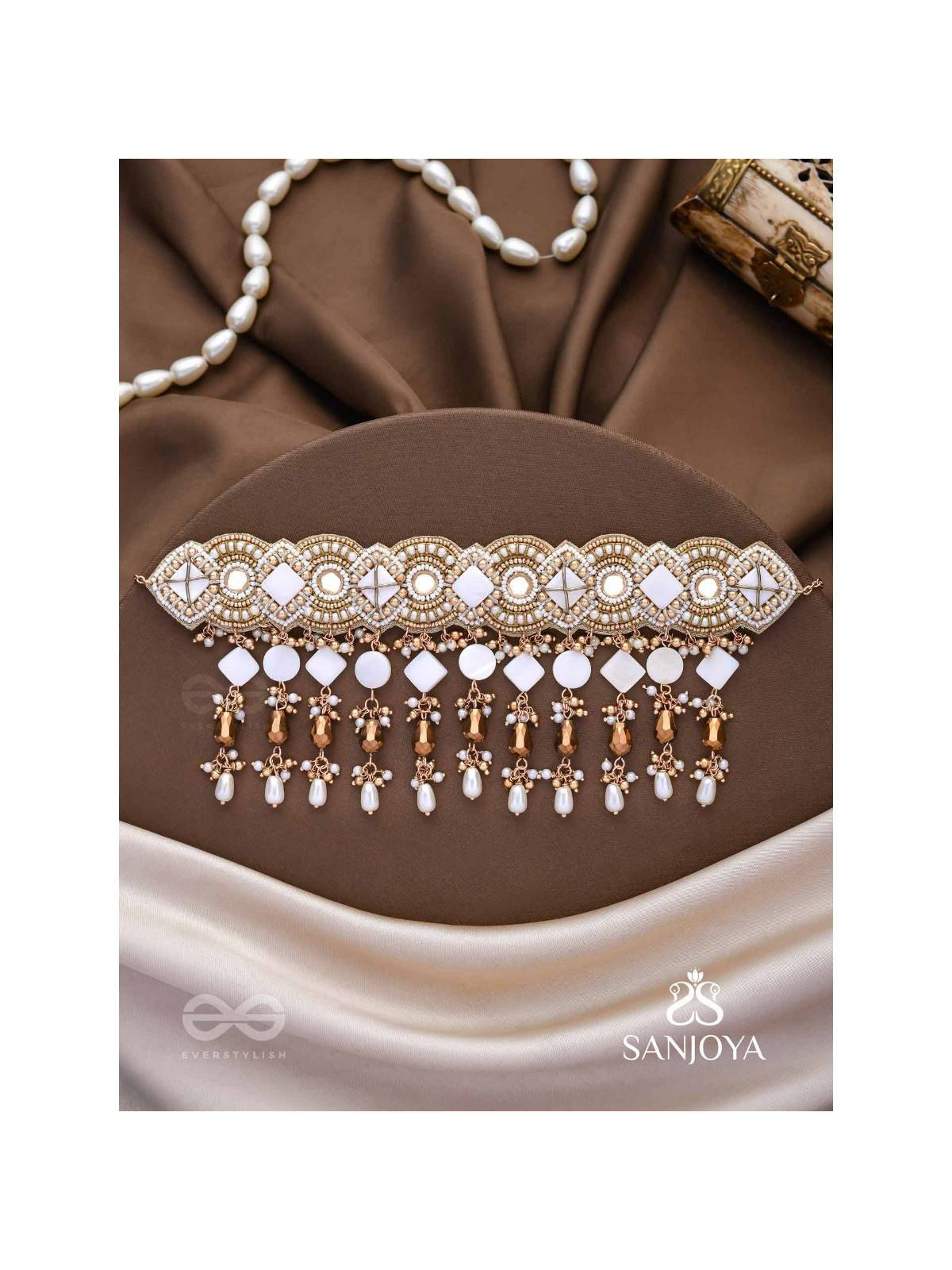 Devasattra- The Festive Downpour- Mirrors, Beads, Pearl And Glass Drops Hand Embroidered Choker Neckpiece