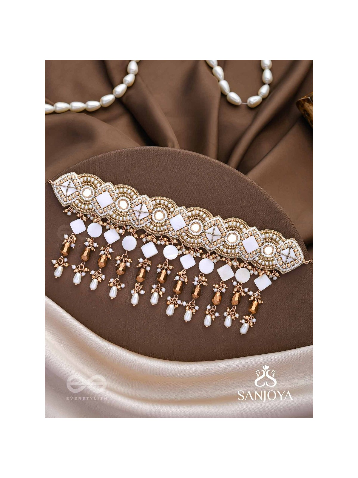 Devasattra- The Festive Downpour- Mirrors, Beads, Pearl And Glass Drops Hand Embroidered Choker Neckpiece