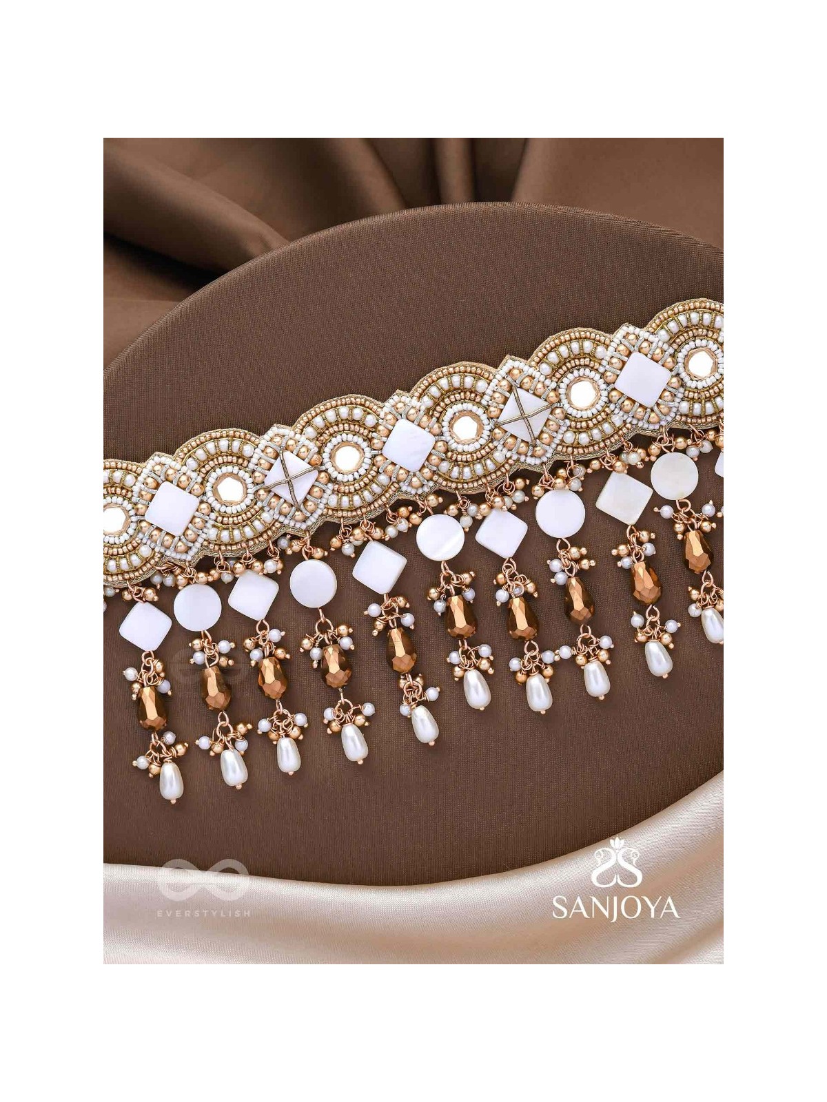 Devasattra- The Festive Downpour- Mirrors, Beads, Pearl And Glass Drops Hand Embroidered Choker Neckpiece