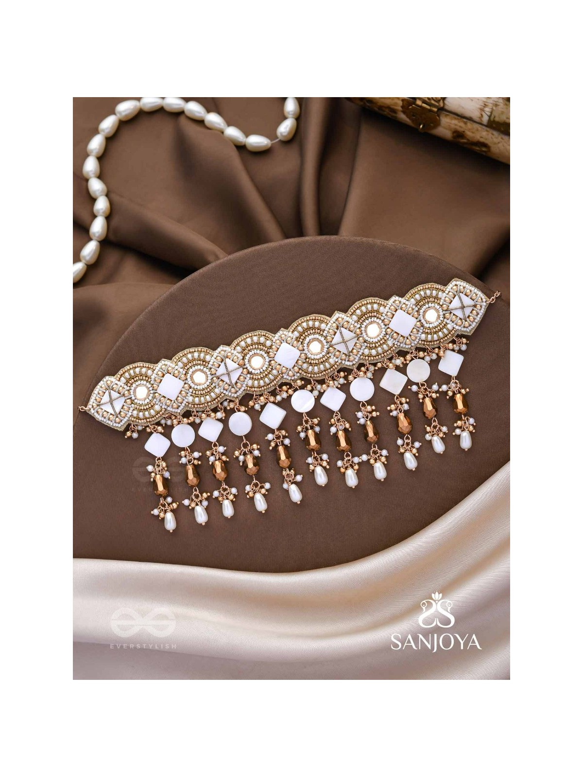 Devasattra- The Festive Downpour- Mirrors, Beads, Pearl And Glass Drops Hand Embroidered Choker Neckpiece