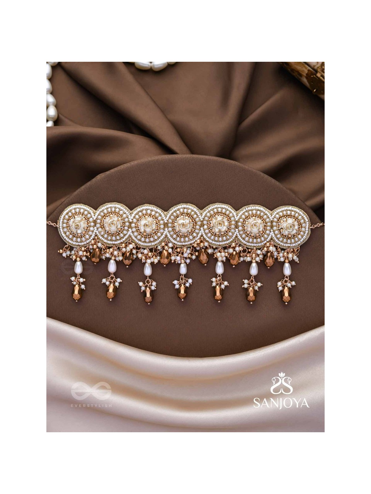 Stavaka- The Beloved Bouquet- Beads, Pearl And Glass Drops Hand Embroidered Choker Neckpiece