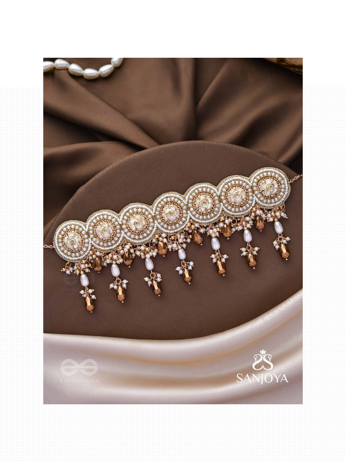 Stavaka- The Beloved Bouquet- Beads, Pearl And Glass Drops Hand Embroidered Choker Neckpiece