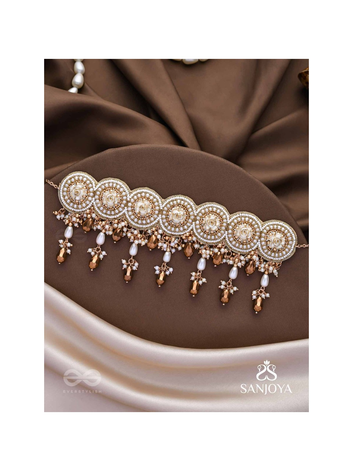 Stavaka- The Beloved Bouquet- Beads, Pearl And Glass Drops Hand Embroidered Choker Neckpiece