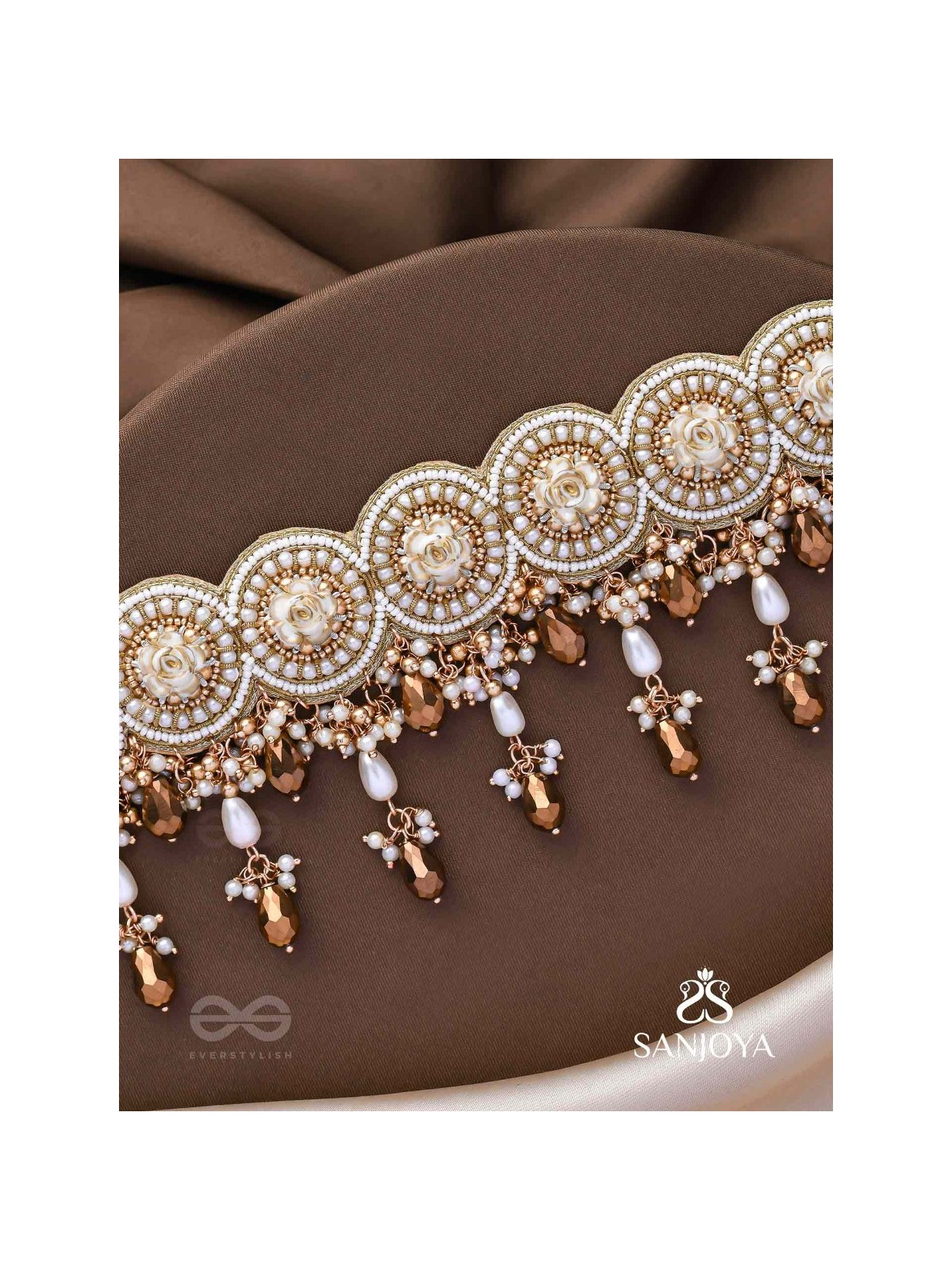 Stavaka- The Beloved Bouquet- Beads, Pearl And Glass Drops Hand Embroidered Choker Neckpiece