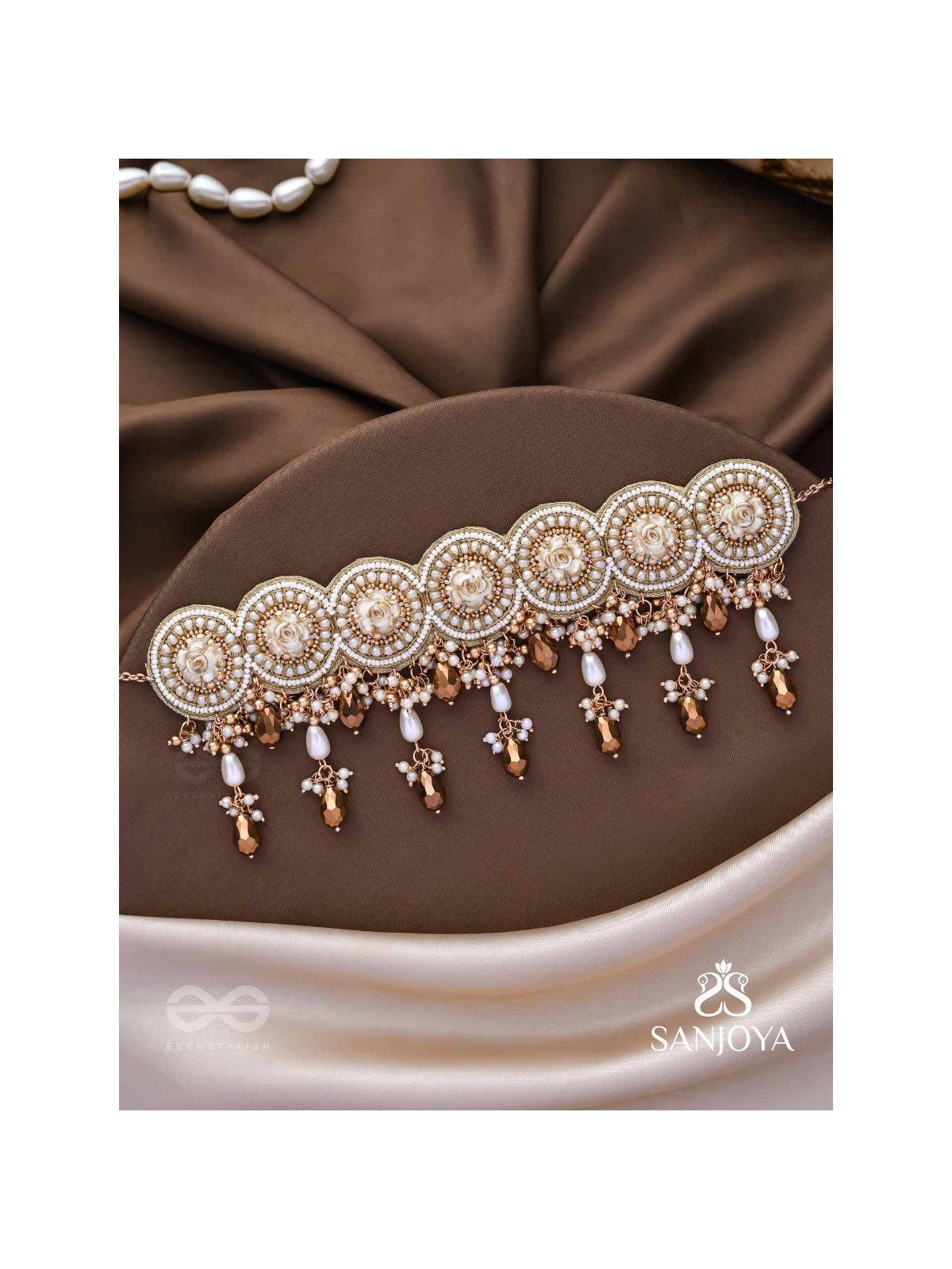 Stavaka- The Beloved Bouquet- Beads, Pearl And Glass Drops Hand Embroidered Choker Neckpiece