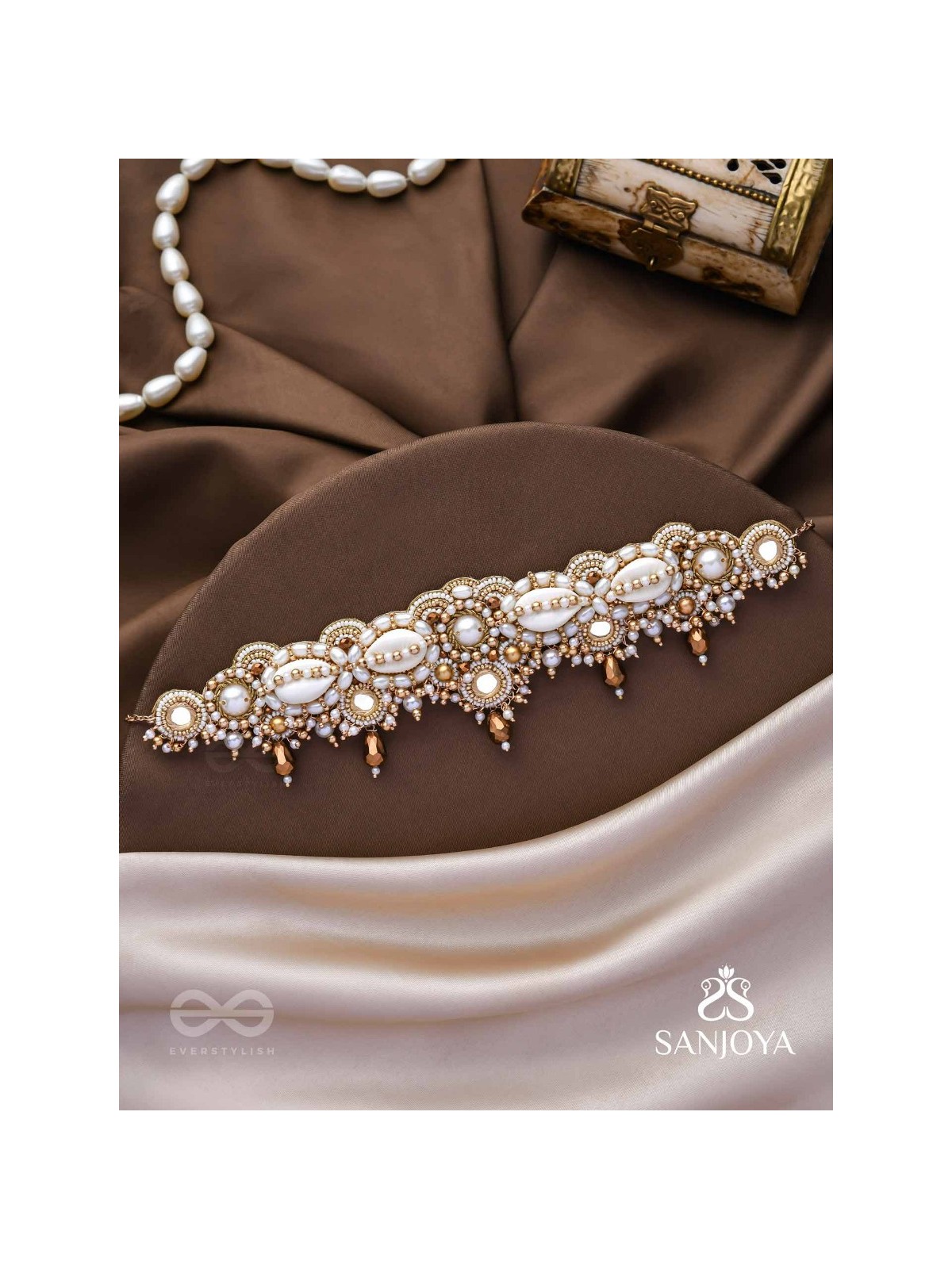 Alingana- The Chaste Embrace- Shells, Beads And Glass Drops Hand Embroidered Choker Neckpiece