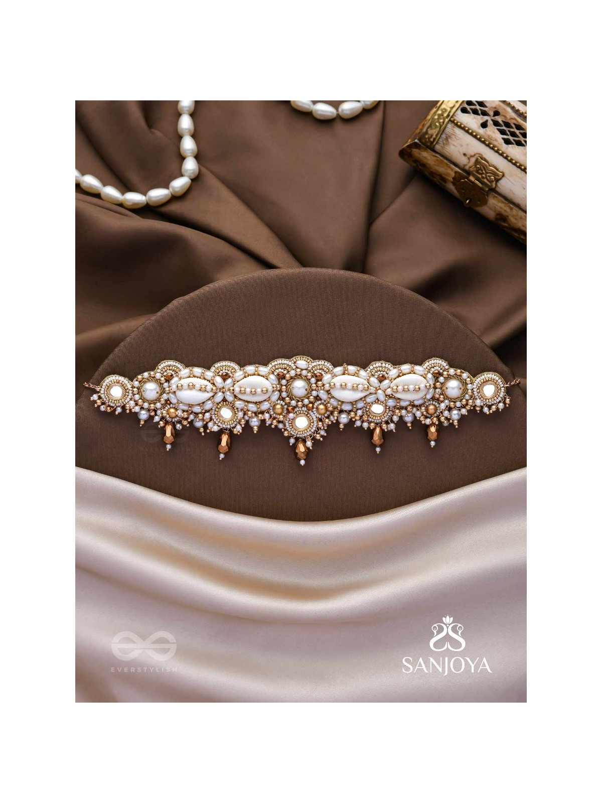 Alingana- The Chaste Embrace- Shells, Beads And Glass Drops Hand Embroidered Choker Neckpiece