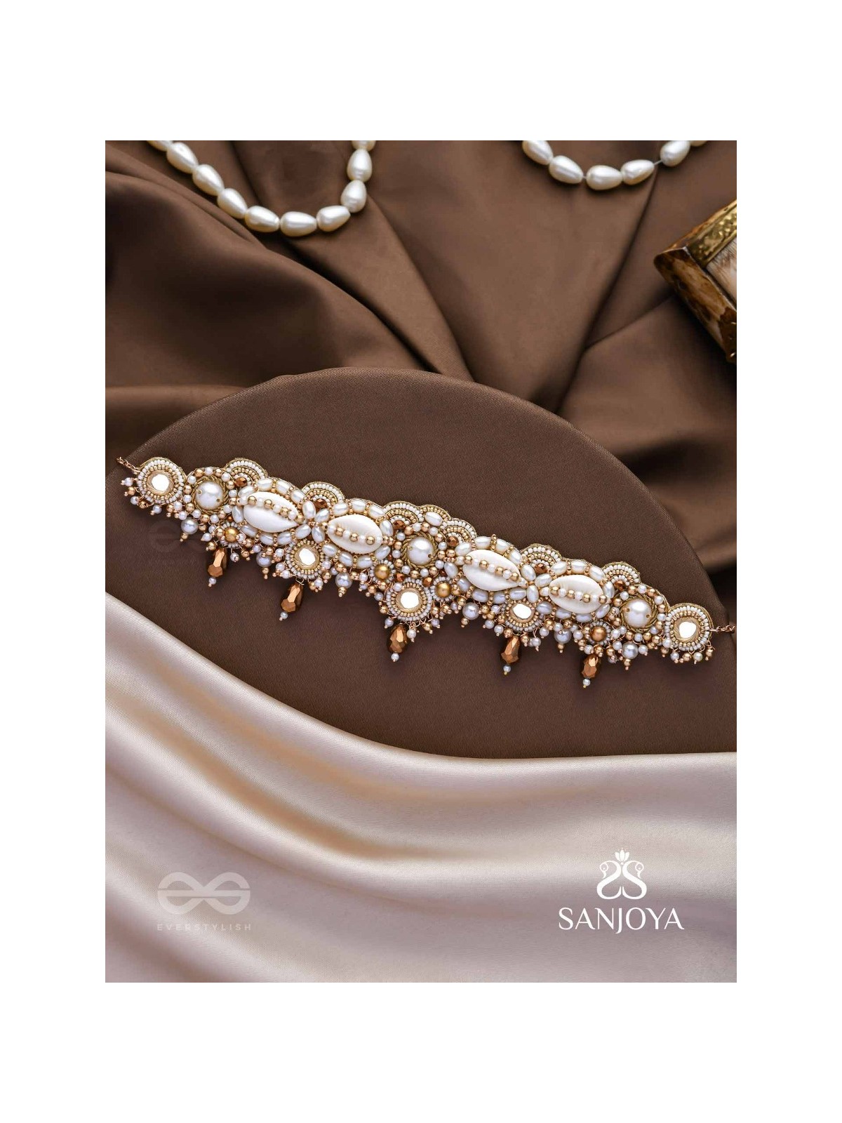 Alingana- The Chaste Embrace- Shells, Beads And Glass Drops Hand Embroidered Choker Neckpiece