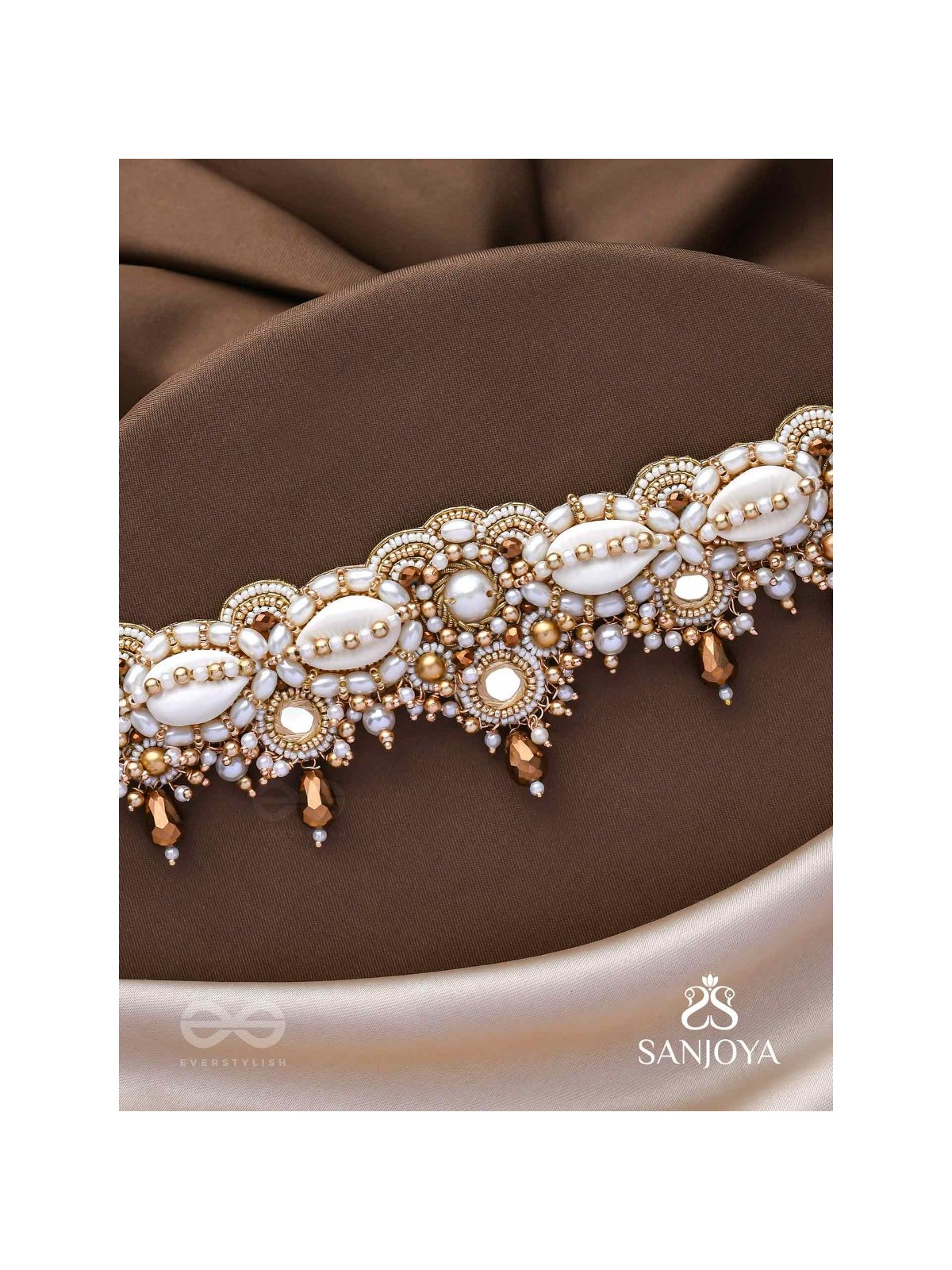 Alingana- The Chaste Embrace- Shells, Beads And Glass Drops Hand Embroidered Choker Neckpiece