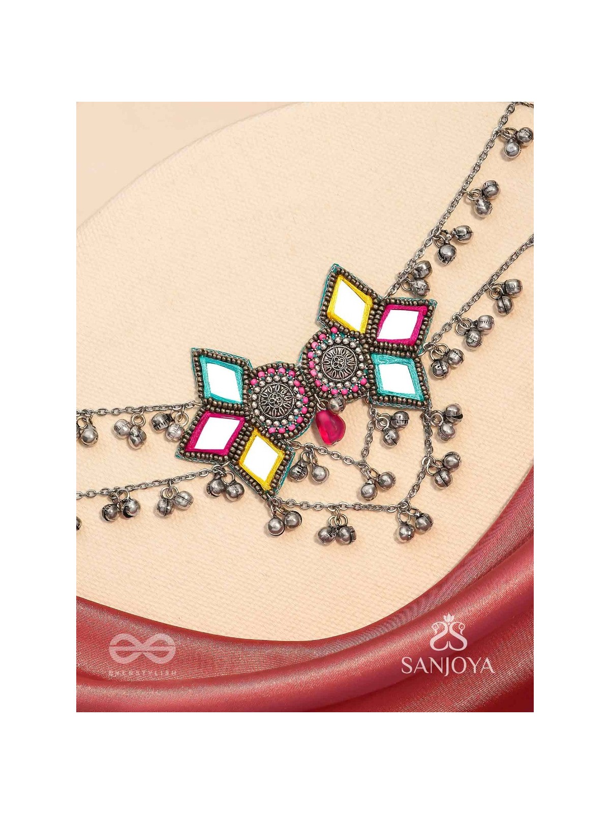 Bhuritejas- The Glorious Triflection- Mirror, Resham And Beads Hand Embroidered Choker Neckpiece