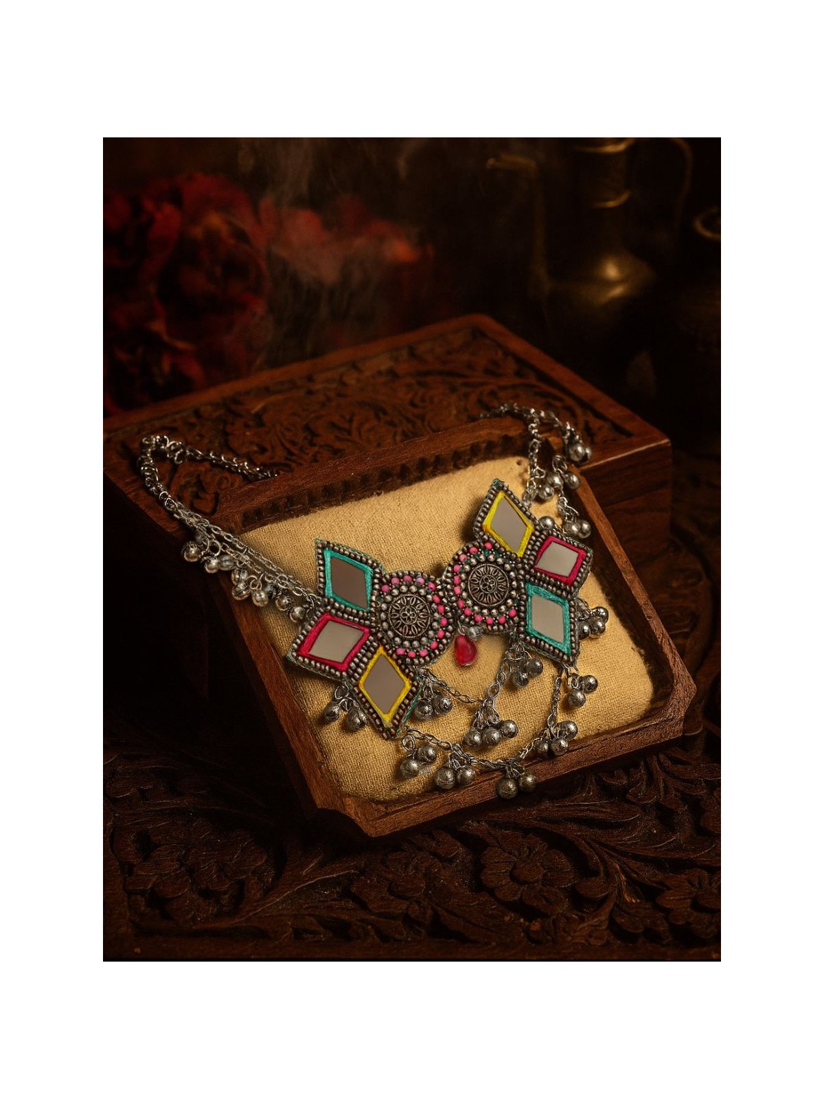 Bhuritejas- The Glorious Triflection- Mirror, Resham And Beads Hand Embroidered Choker Neckpiece
