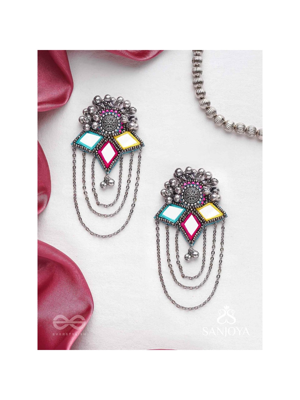 Taruna - The Vivid Landscapes - Mirrors, Resham And Beads Hand Embroidered Oxidised Earrings
