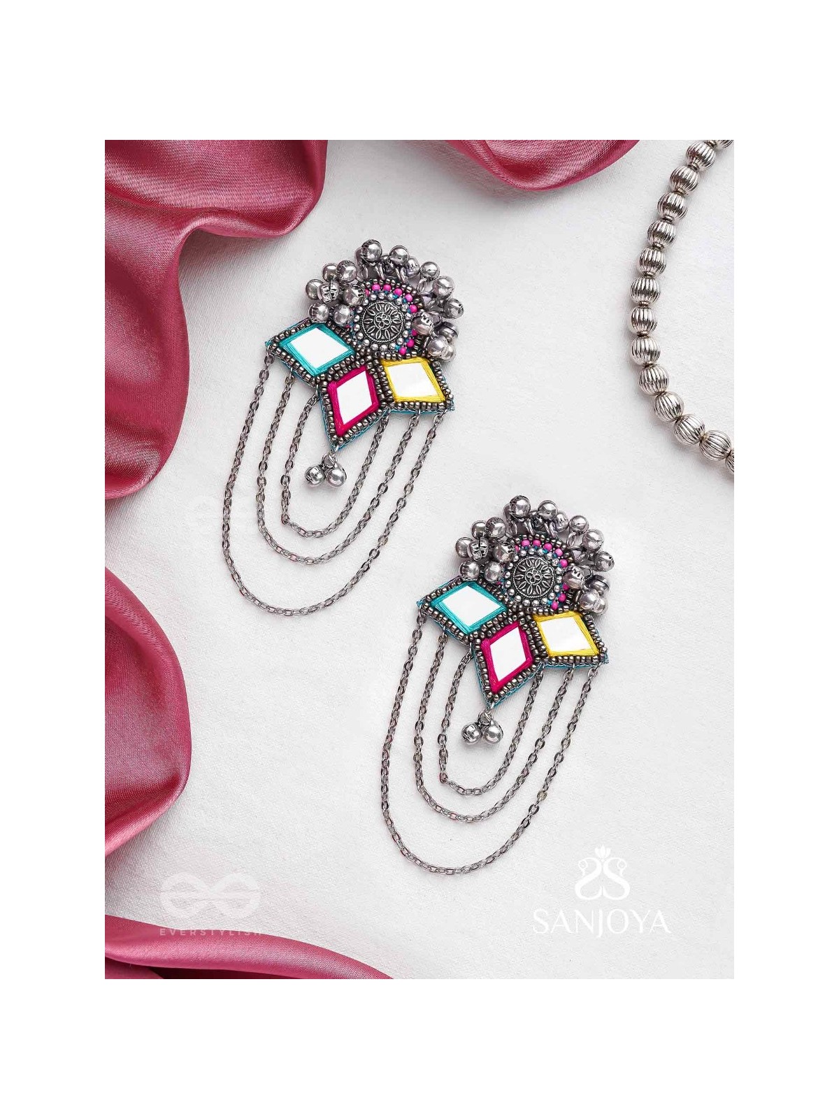 Taruna - The Vivid Landscapes - Mirrors, Resham And Beads Hand Embroidered Oxidised Earrings