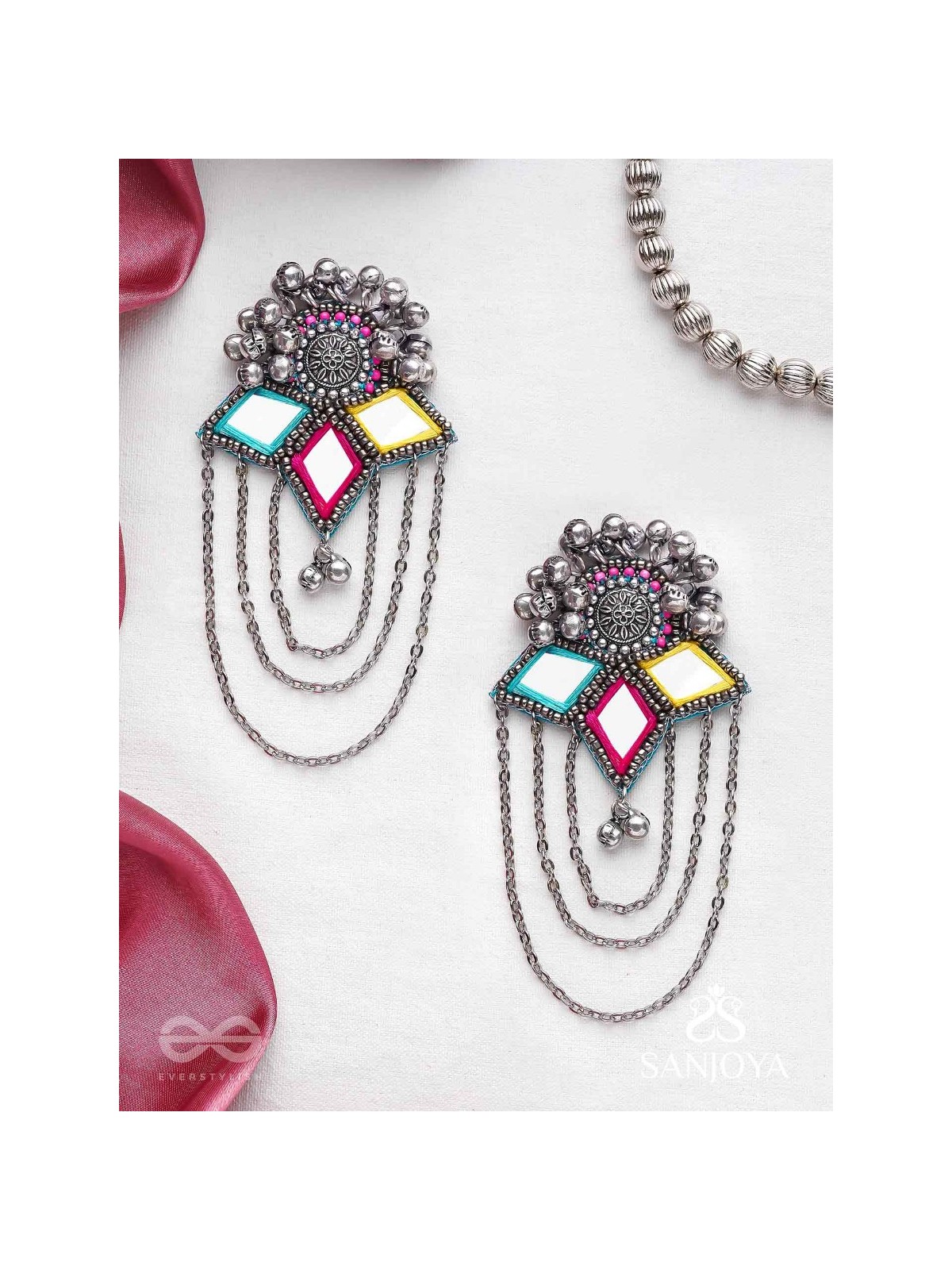 Taruna - The Vivid Landscapes - Mirrors, Resham And Beads Hand Embroidered Oxidised Earrings
