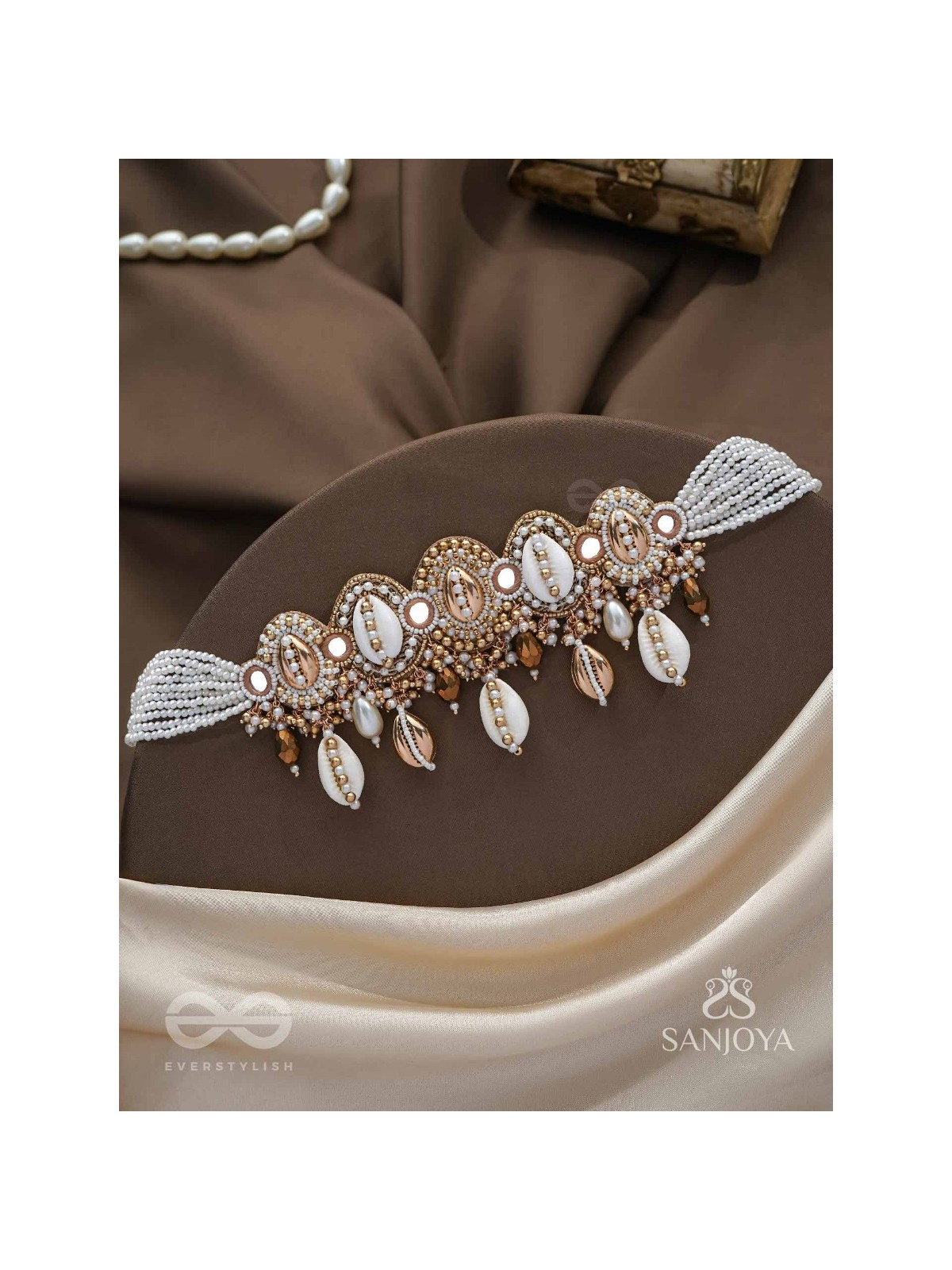 Velakula- The Coastline Stories- Shells, Beads, Pearl And Glass Drops Hand Embroidered Choker Neckpiece