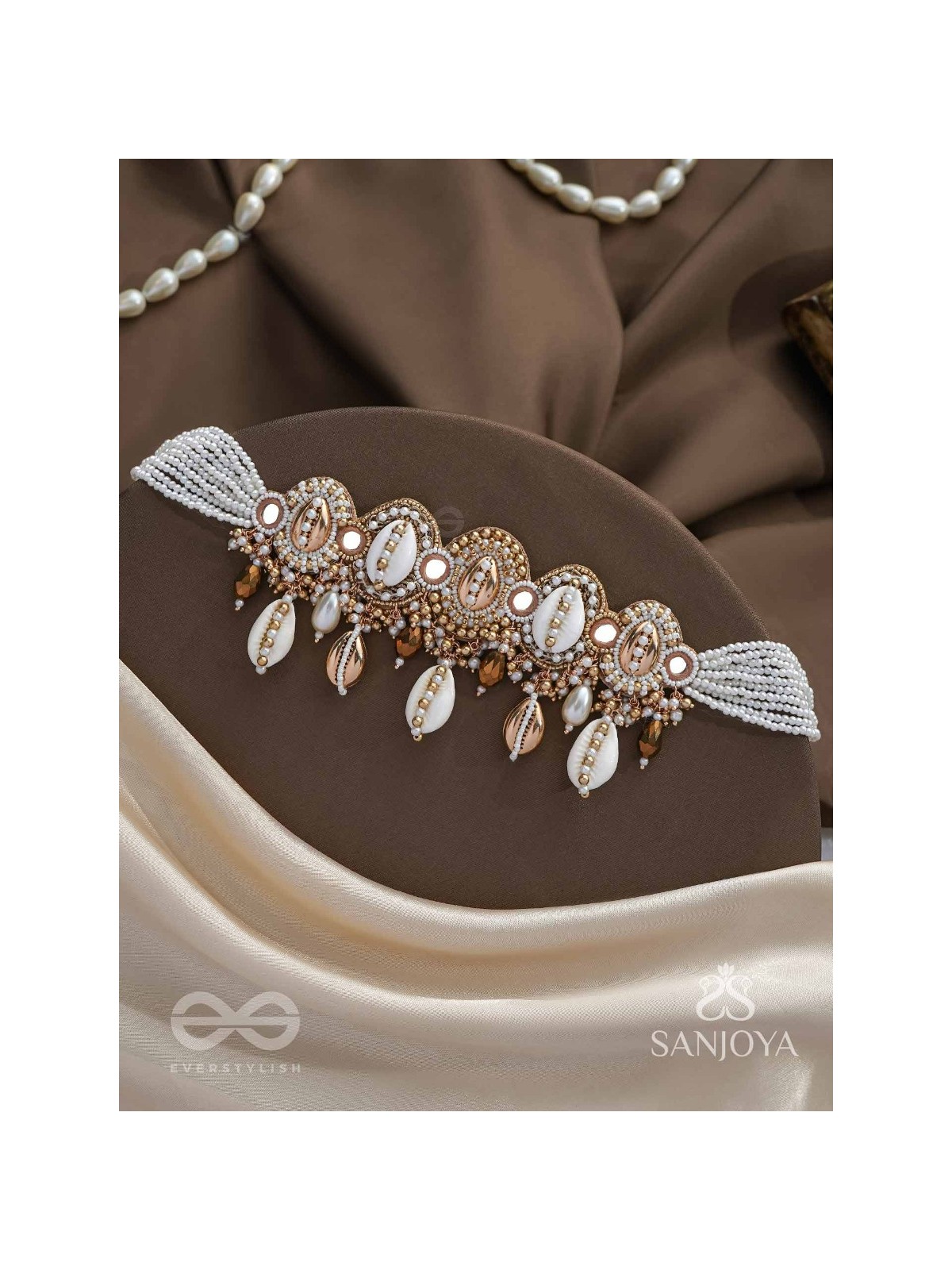 Velakula- The Coastline Stories- Shells, Beads, Pearl And Glass Drops Hand Embroidered Choker Neckpiece