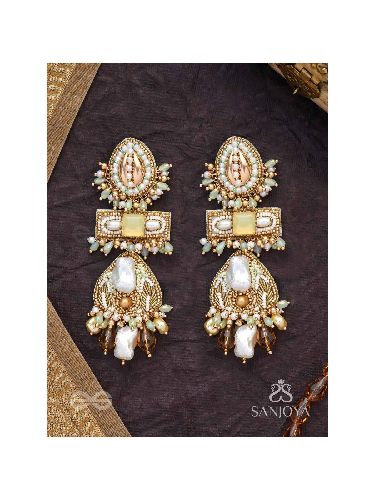 Atisitam- - The Regal Wonderland- Shells, Stones, Beads And Glass Drops Hand Embroidered Earrings