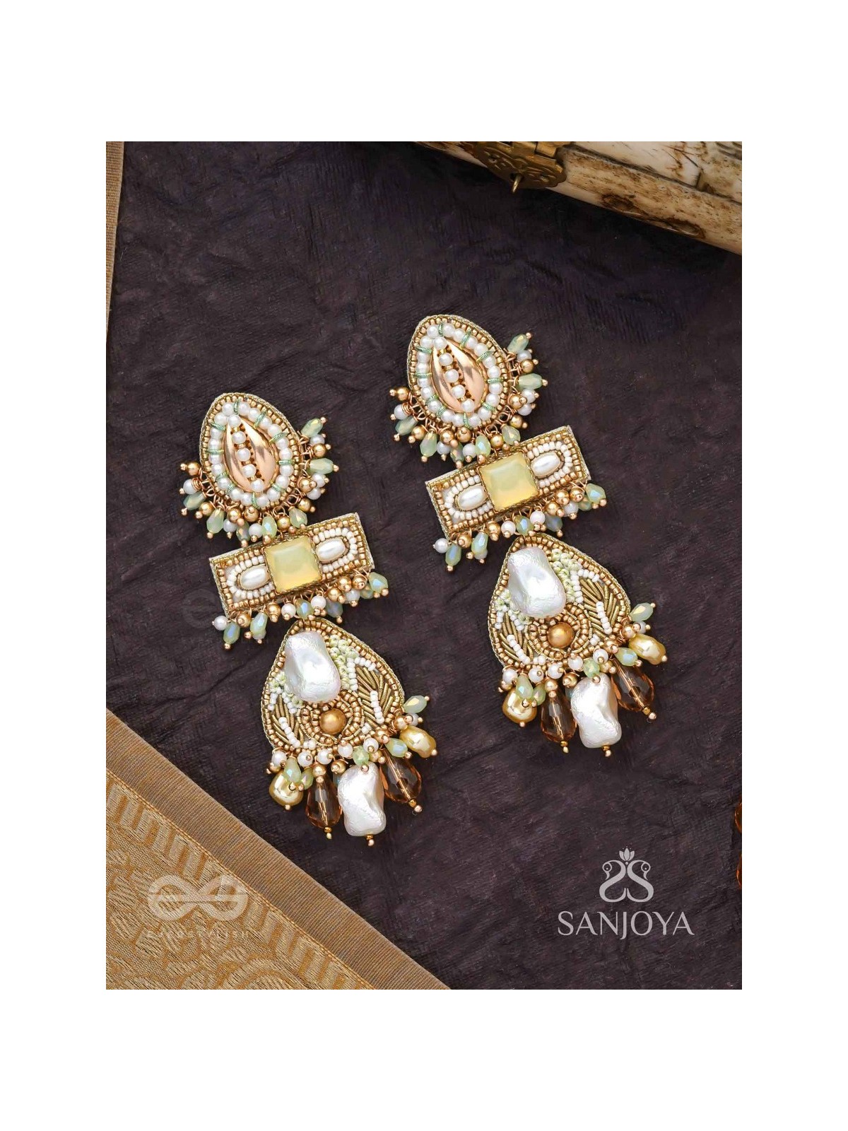 Atisitam- - The Regal Wonderland- Shells, Stones, Beads And Glass Drops Hand Embroidered Earrings